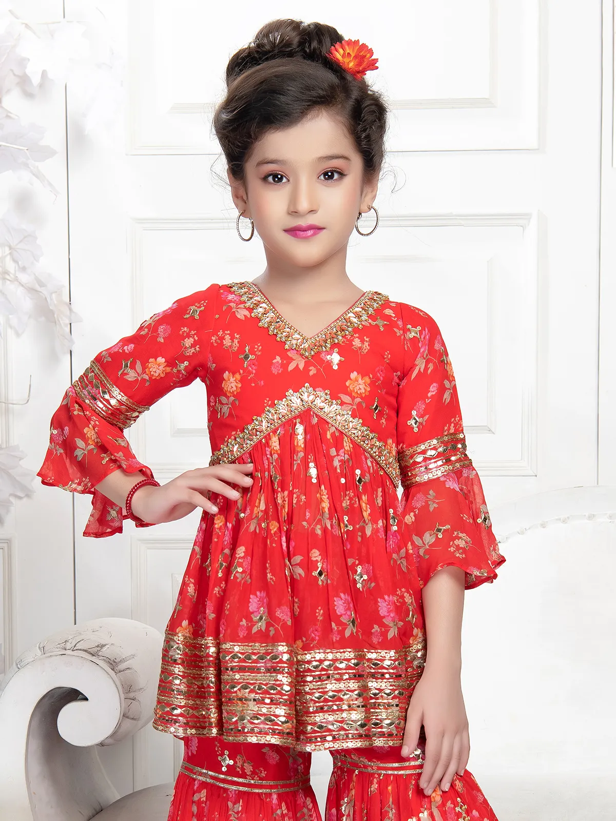 Trendy red printed sharara suit