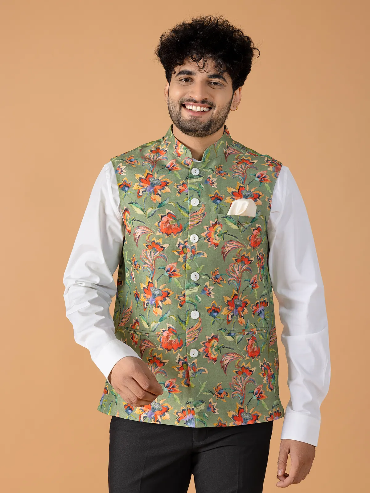 Trendy sage green printed waistcoat in silk