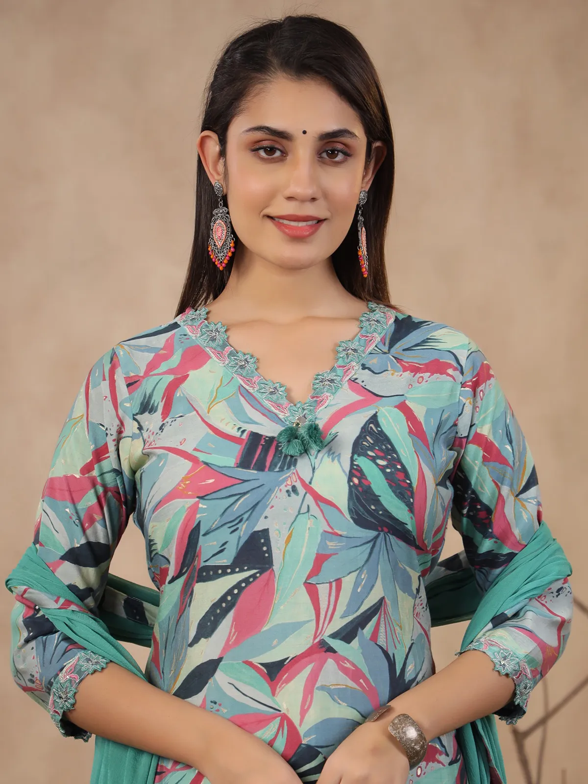 Trendy sea green silk printed kurti set