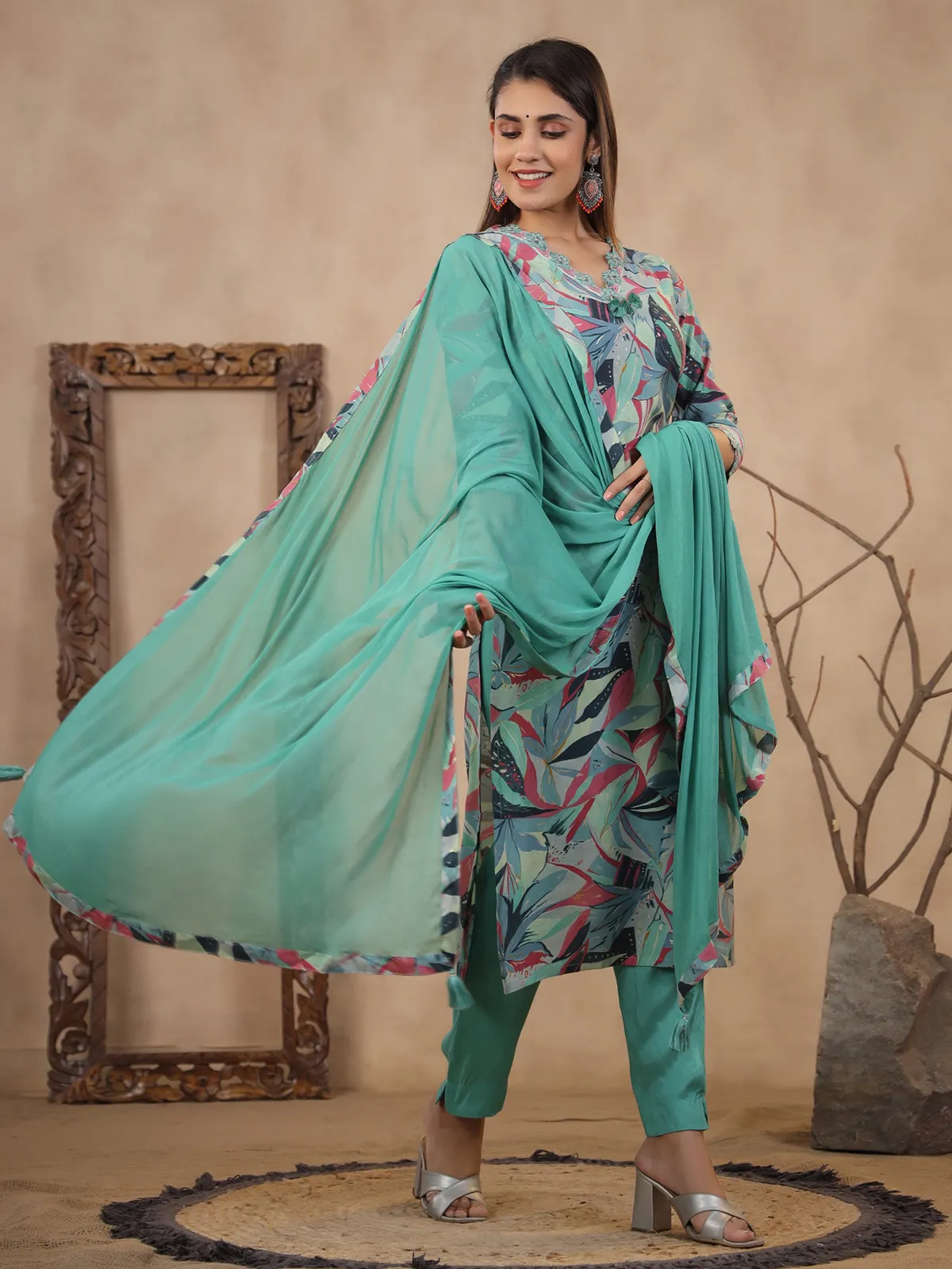 Trendy sea green silk printed kurti set