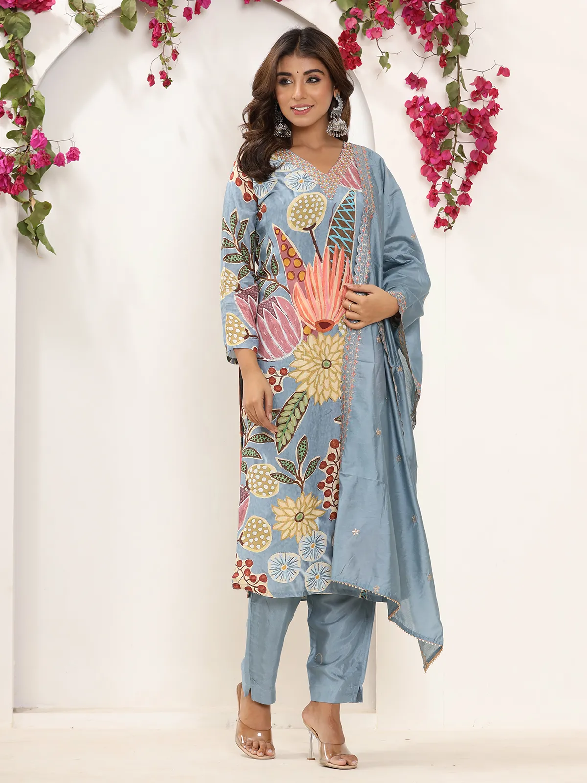 Trendy silk light blue printed kurti set