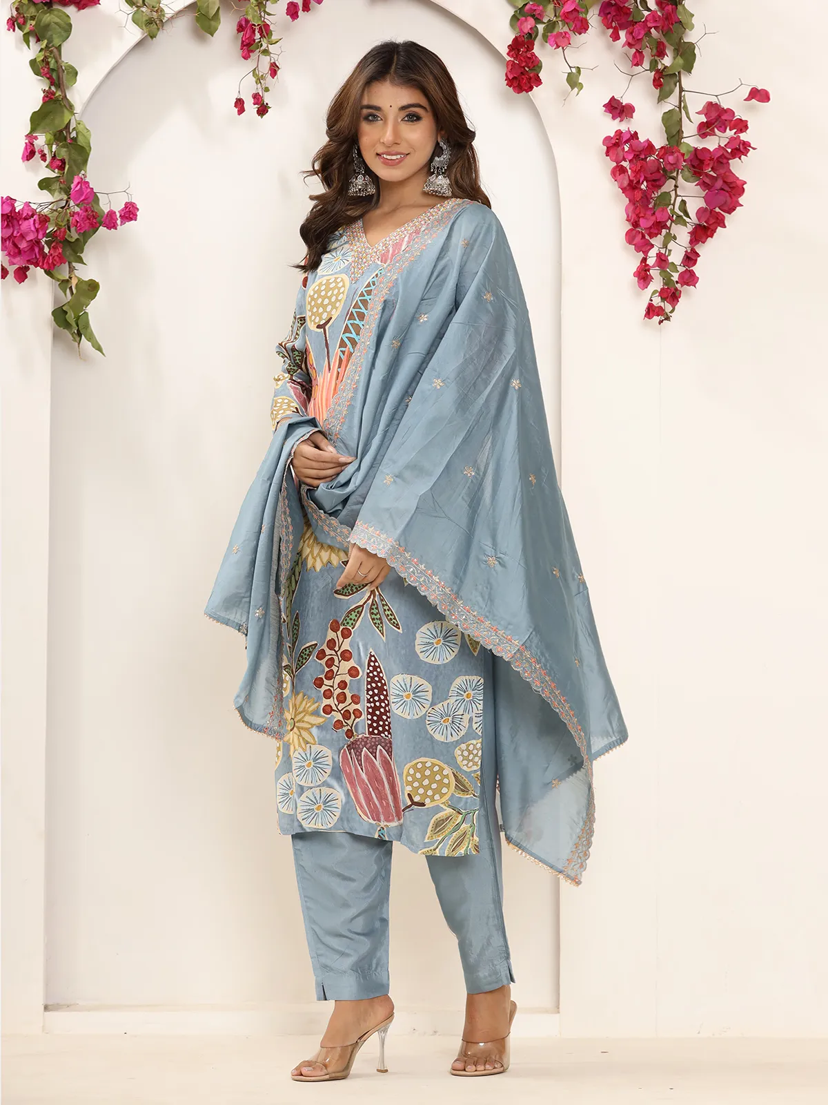 Trendy silk light blue printed kurti set