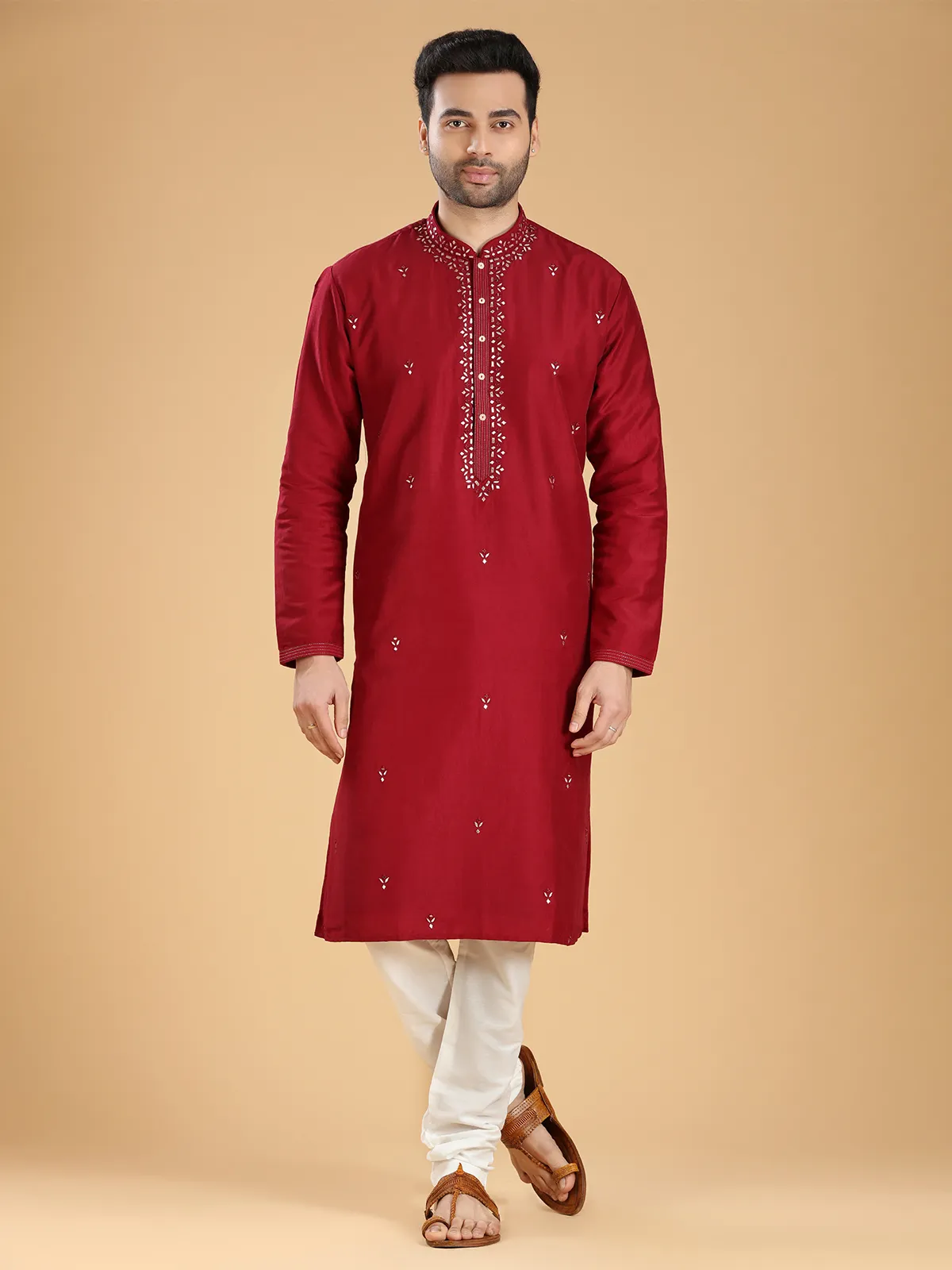 Trendy silk maroon  Men Kurta pajama