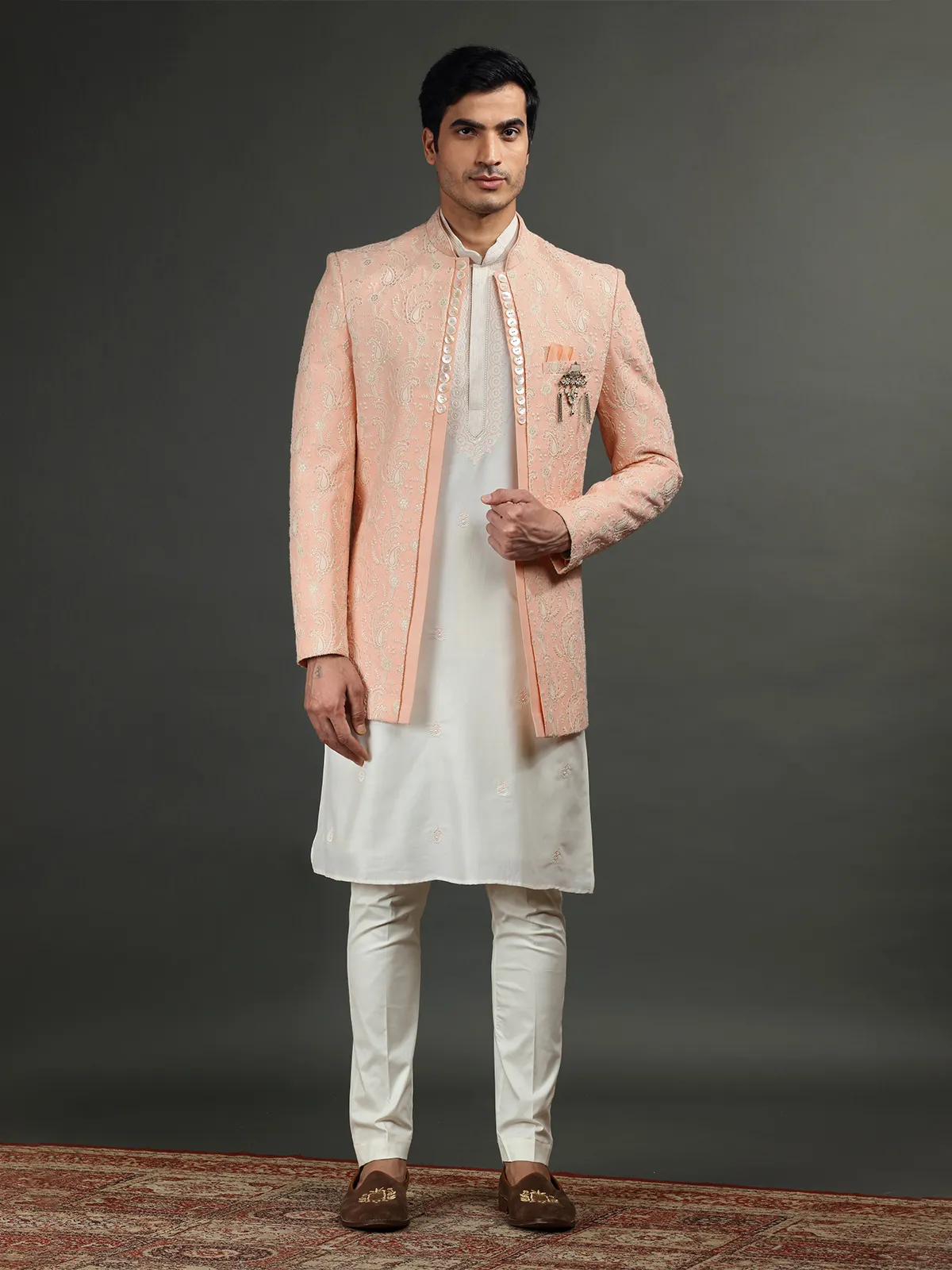 Trendy silk peach and cream indowestern