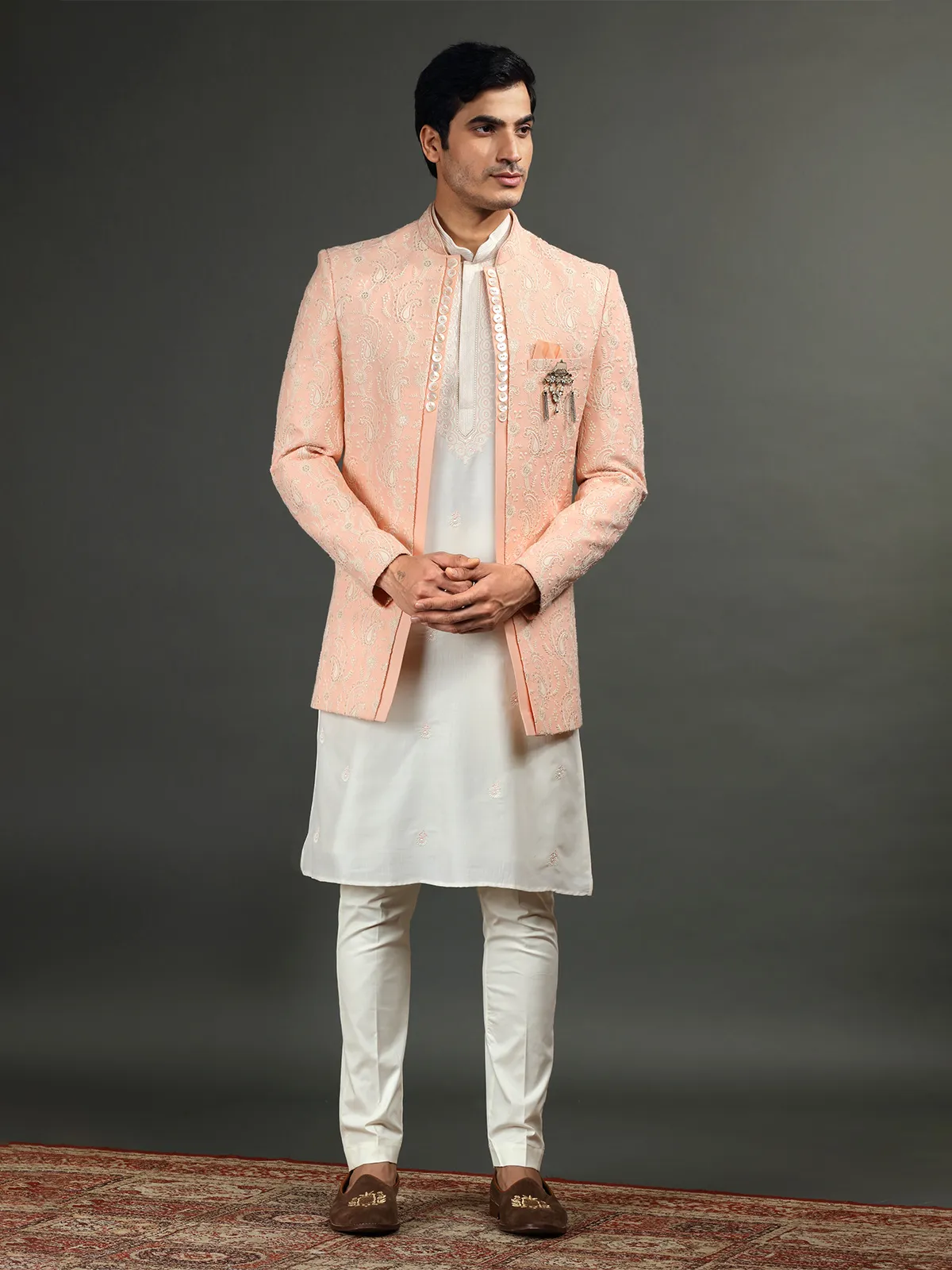 Trendy silk peach and cream indowestern