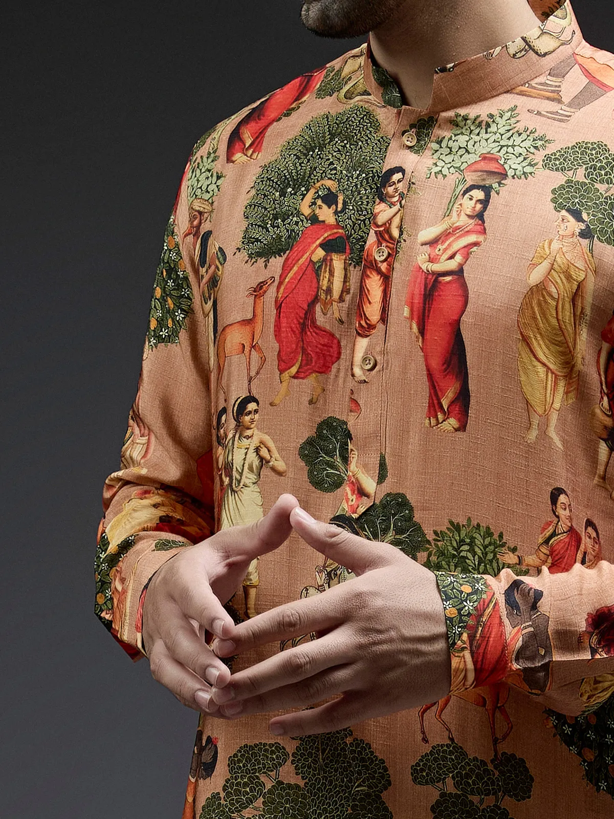 Trendy silk peach village theme printed kurta suit