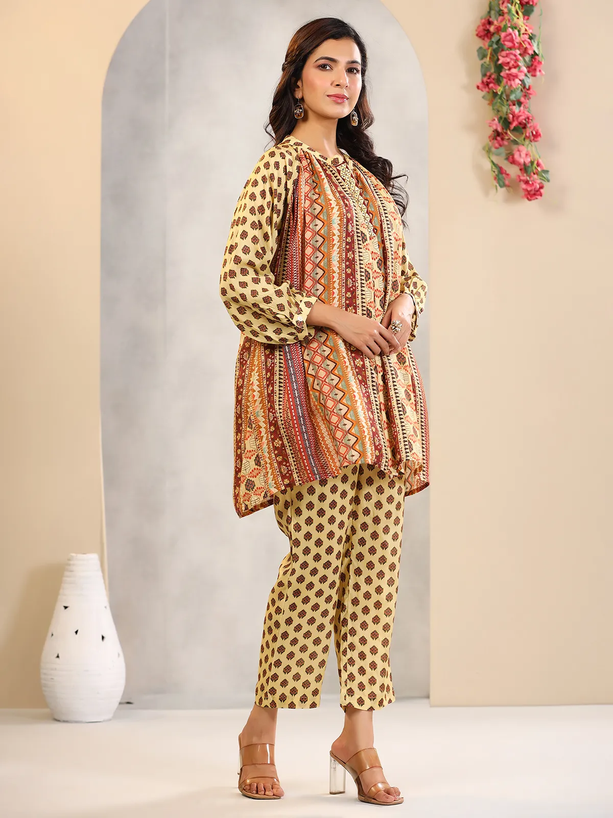 Trendy silk printed co ord set in yellow