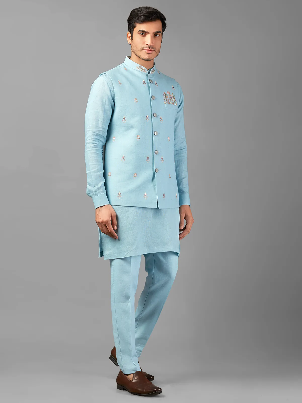 Trendy sky blue linen  waistcoat set