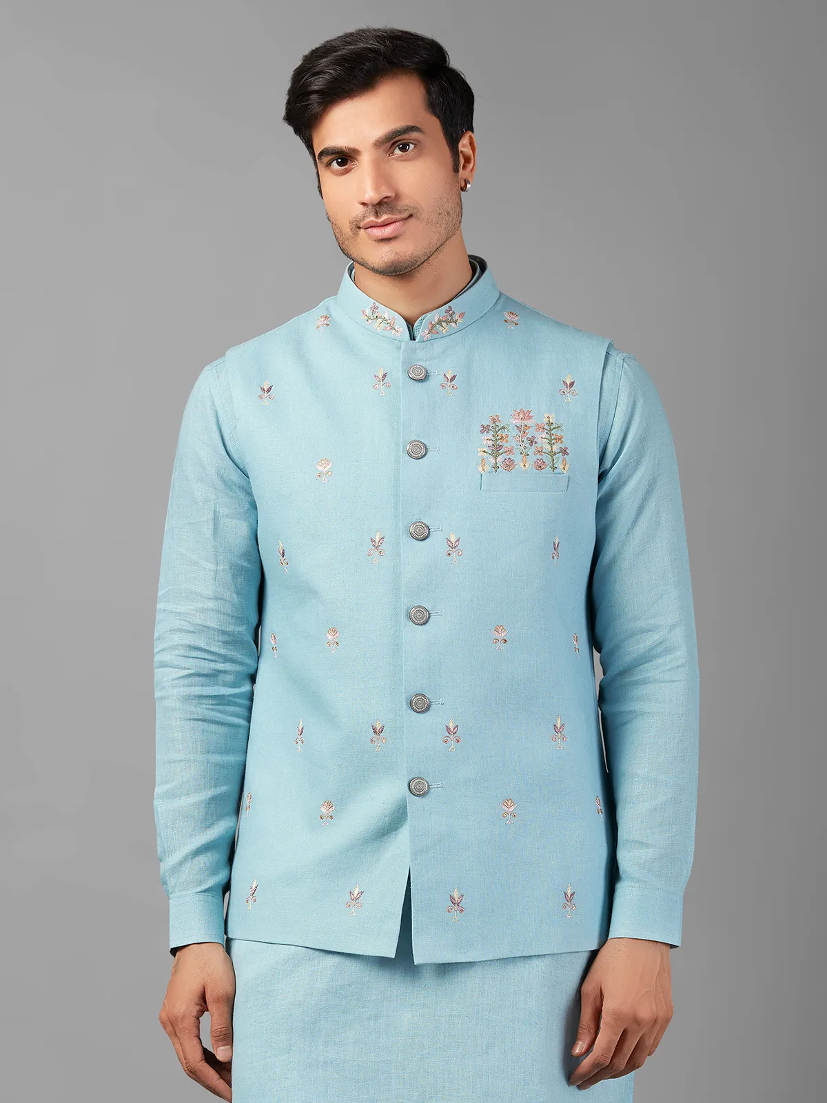 Trendy sky blue linen  waistcoat set