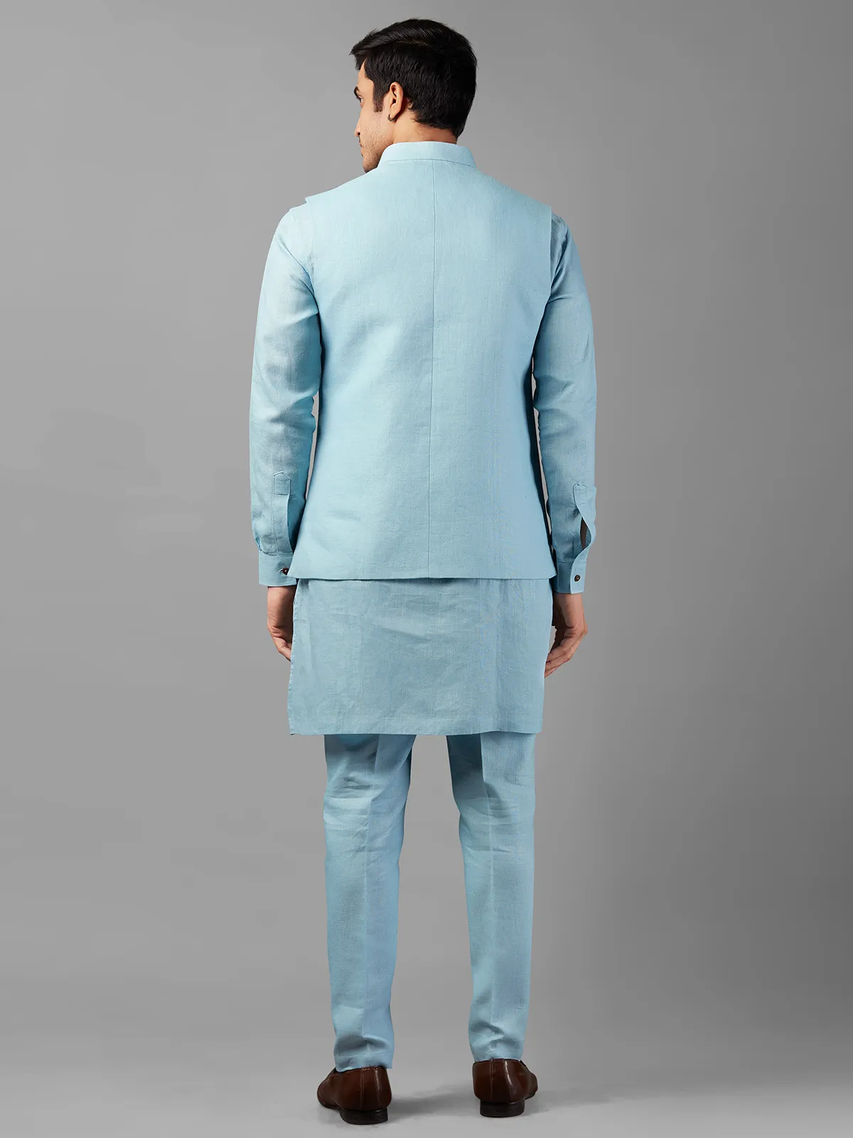 Trendy sky blue linen  waistcoat set