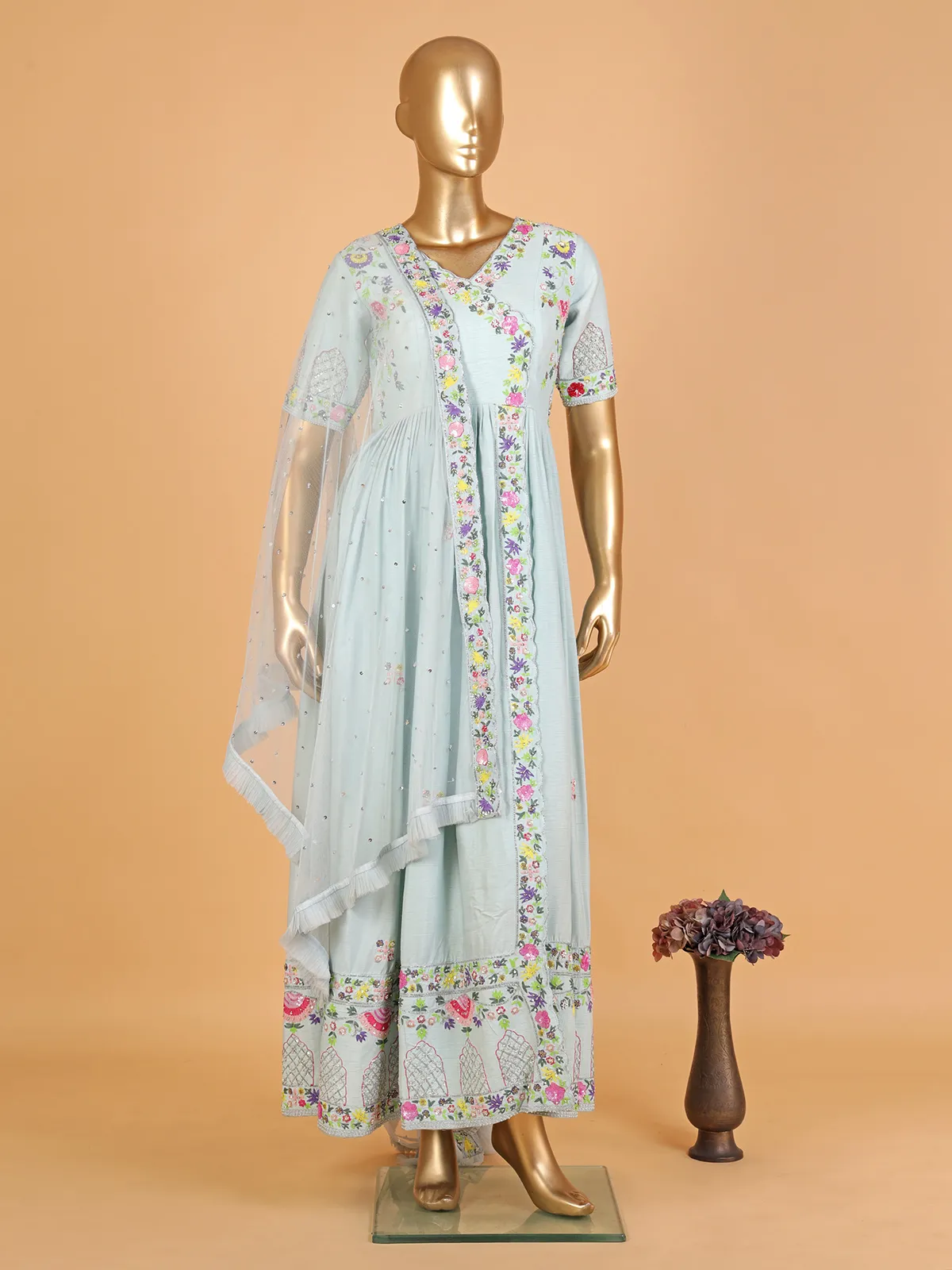 Trendy sky blue raw silk salwar suit