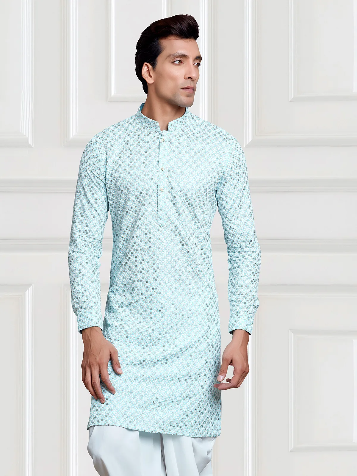 Trendy sky blue rayon cotton  Men Kurta pajama