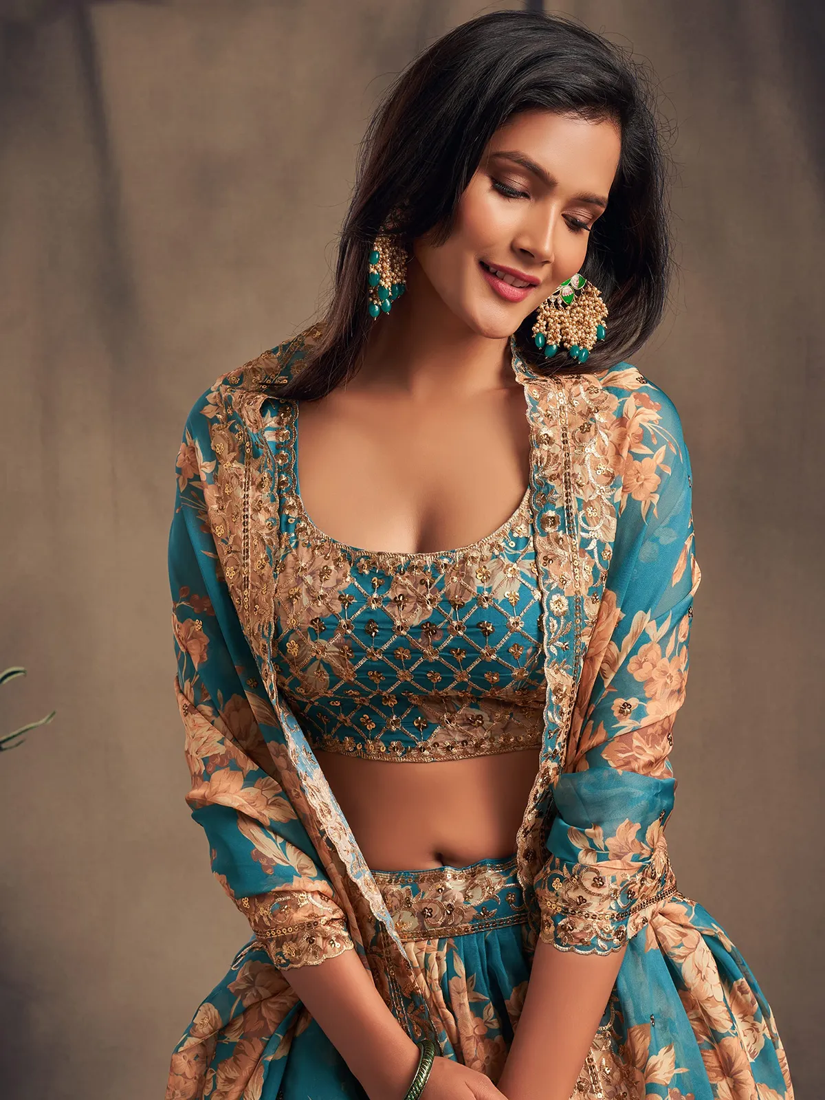Trendy teal blue floral organza lehenga choli-G3-WLC18233 | United