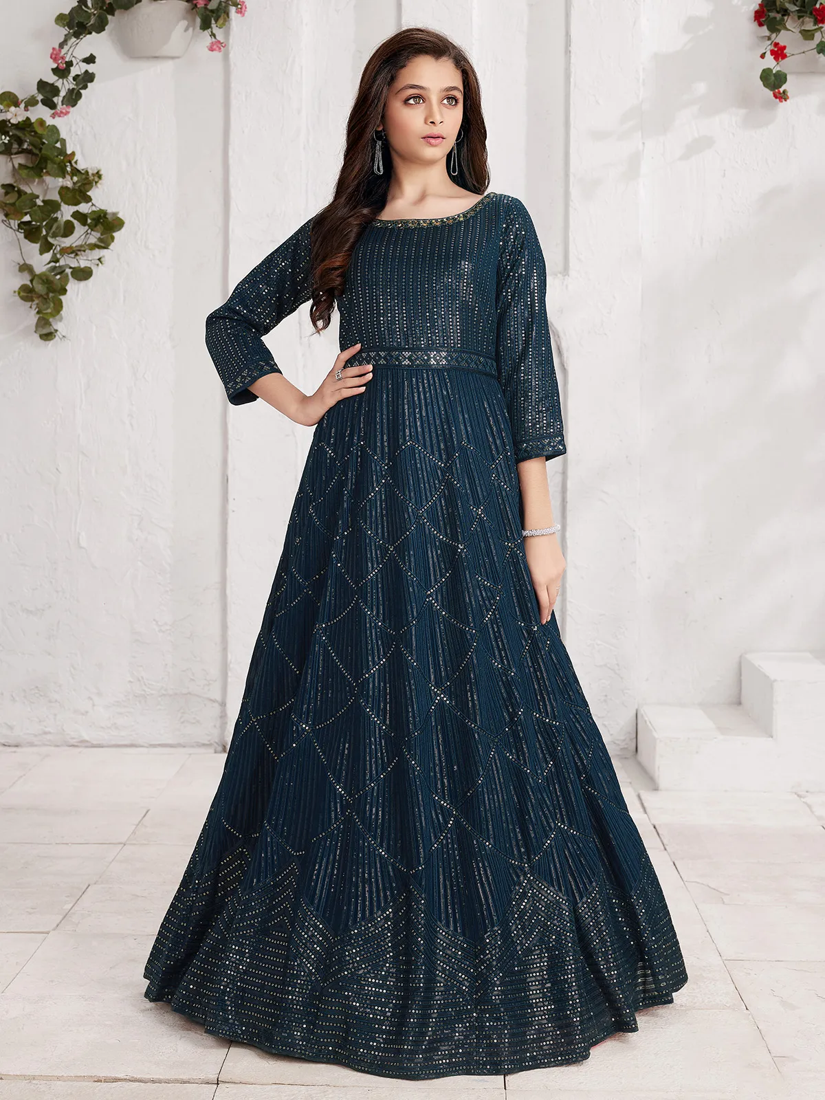 Trendy teal blue georgette gown