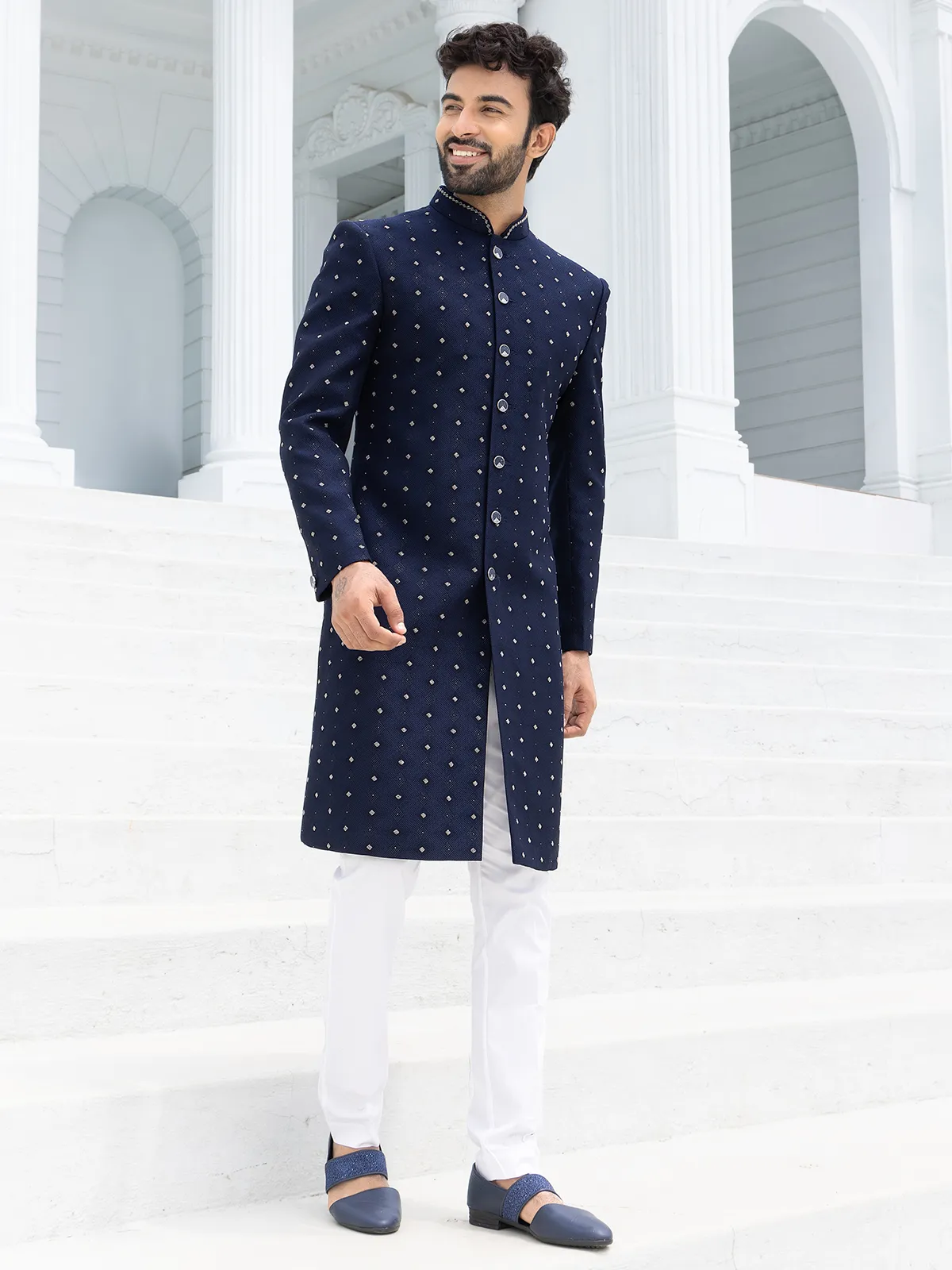Trendy textured navy blue Indowestern for men