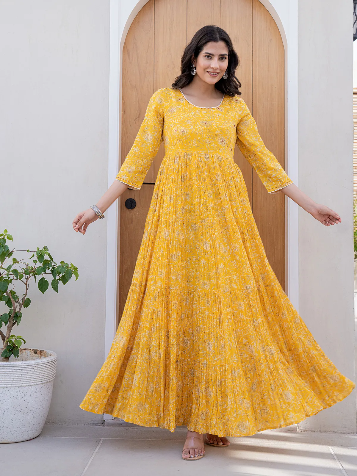 Trendy yellow cotton printed long kurti