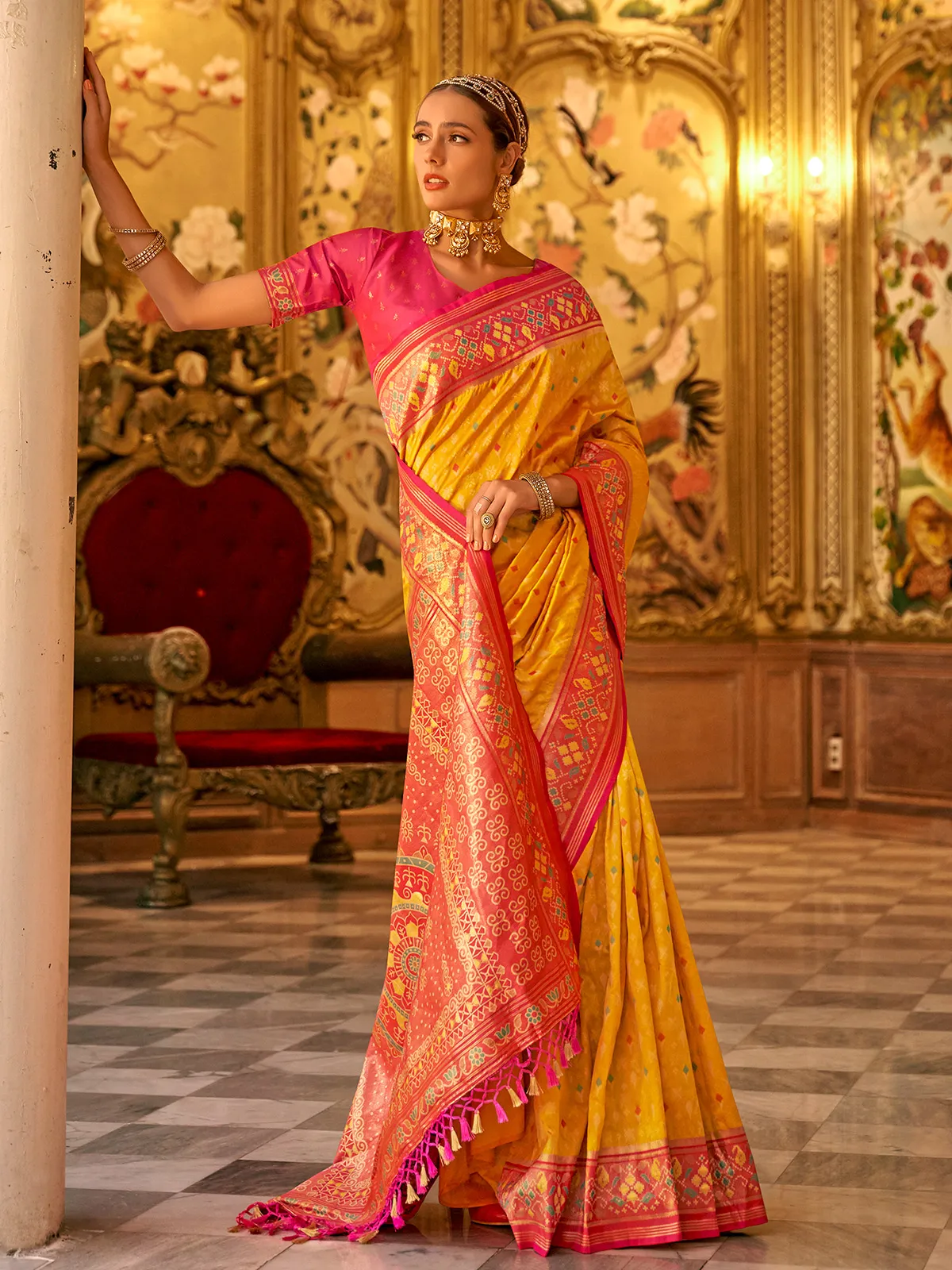 Trendy yellow printed banarasi silk saree