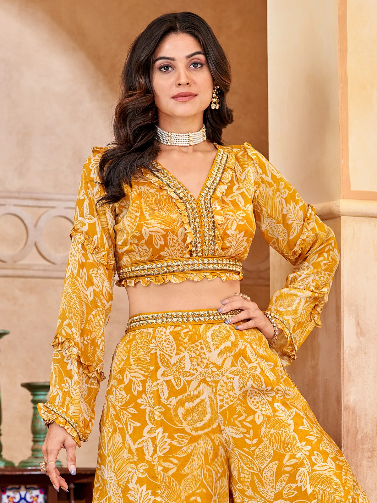 Trendy yellow printed crop top with palazzo