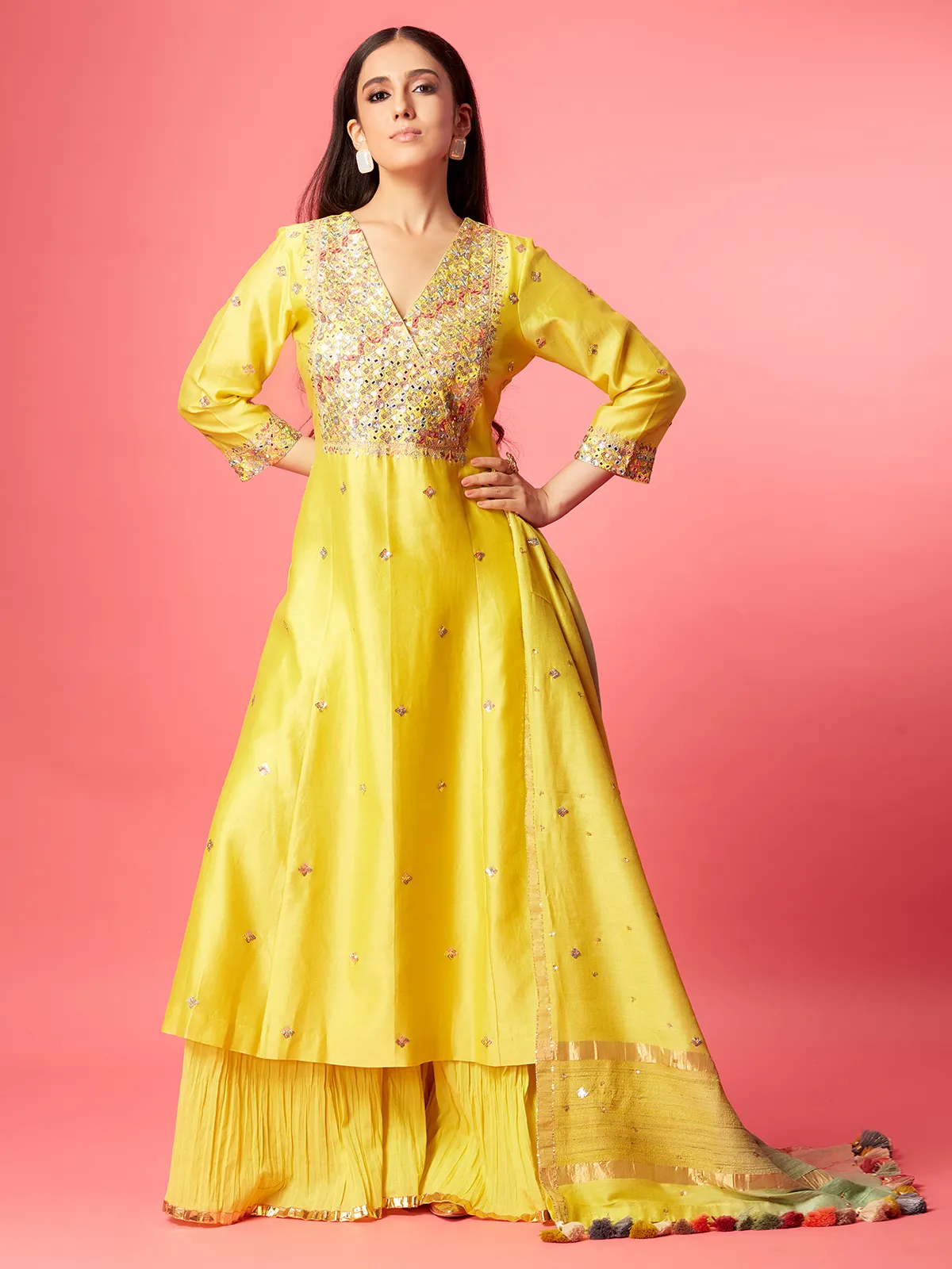 Trendy yellow silk palazzo suit