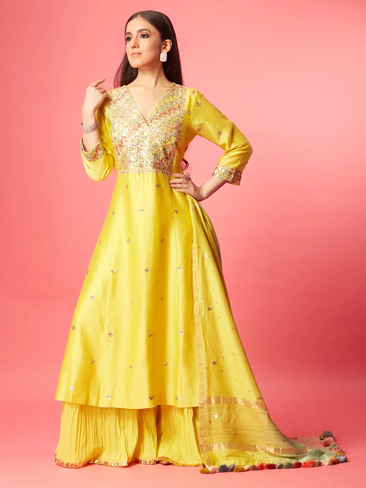 Trendy yellow silk palazzo suit