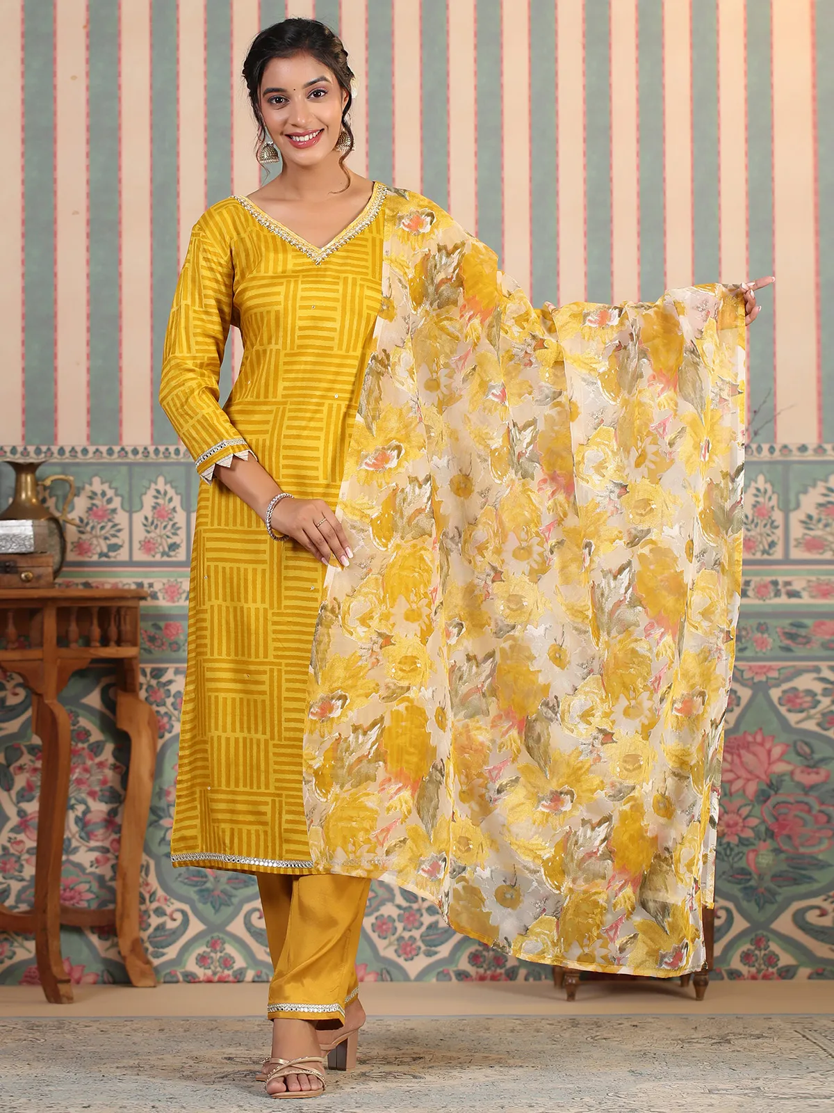 Trendy yellow silk printed kurti set