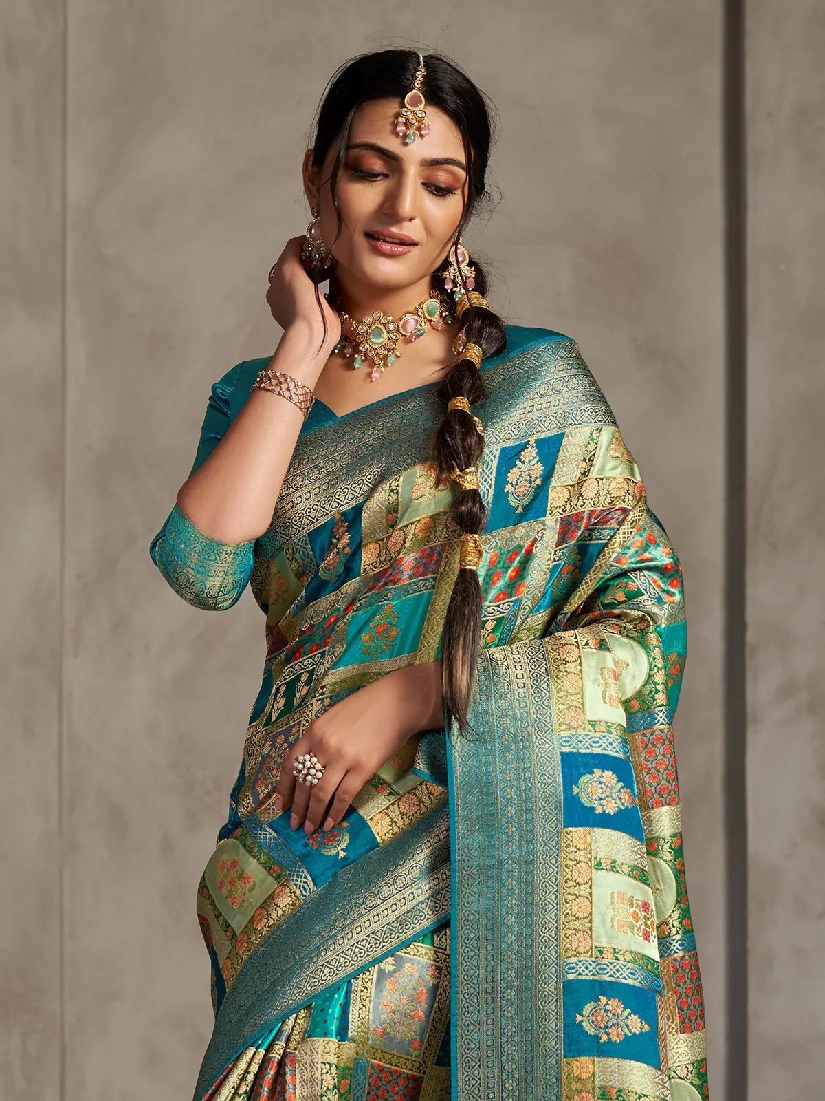 Turquoise blue printed zari woven saree