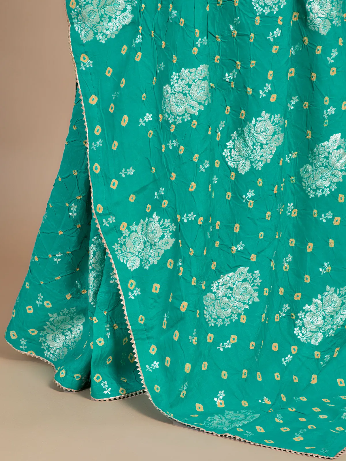 Turquoise green wedding wear bandhej saree