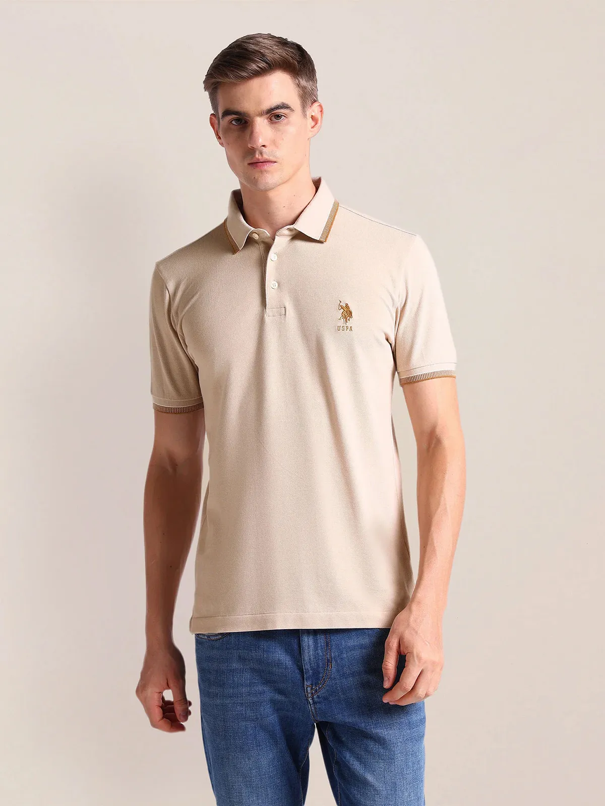 U S POLO ASSN beige cotton plain t-shirt