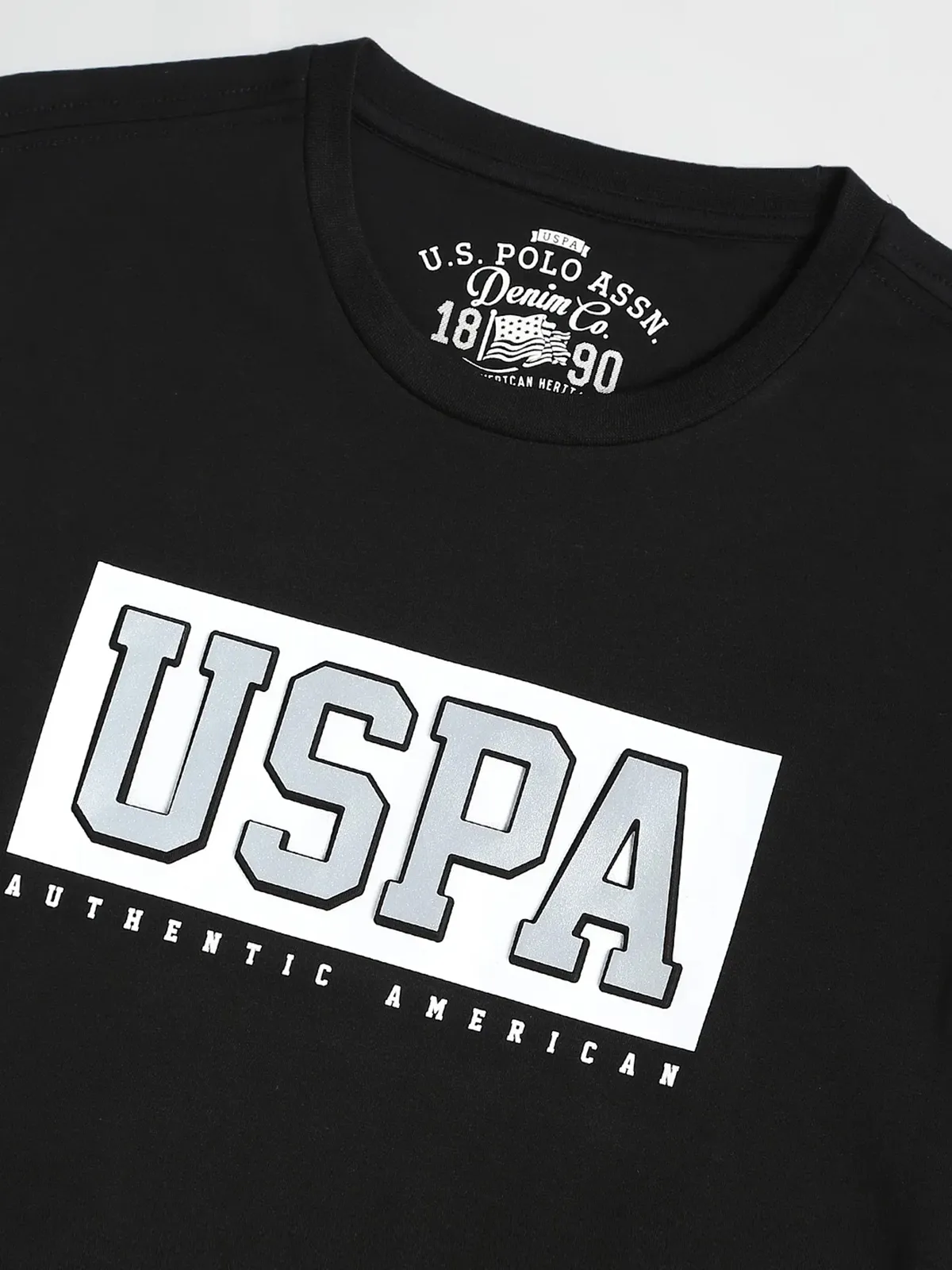 U S POLO ASSN black cotton printed t shirt