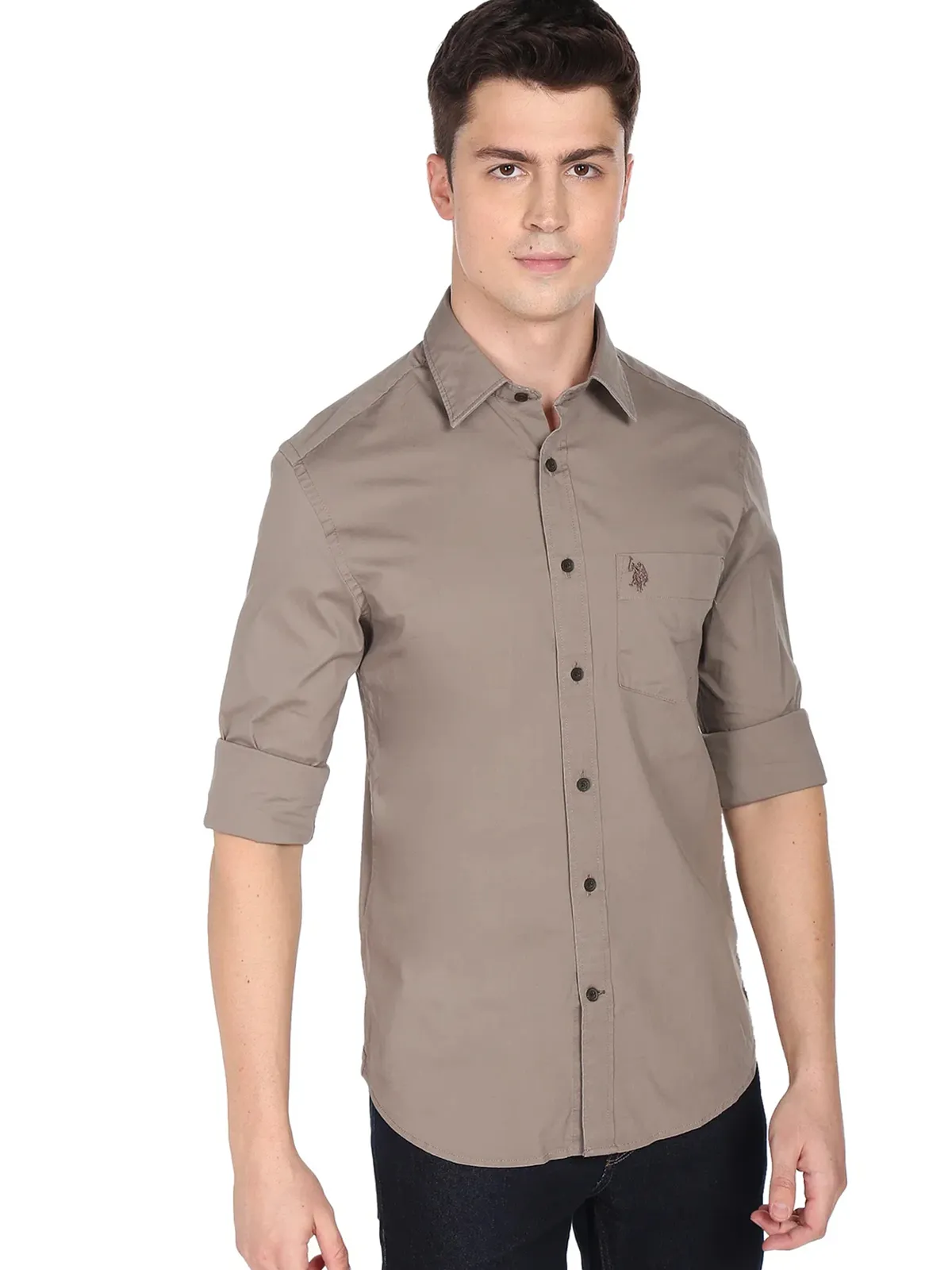 U S POLO ASSN grey plain cotton shirt