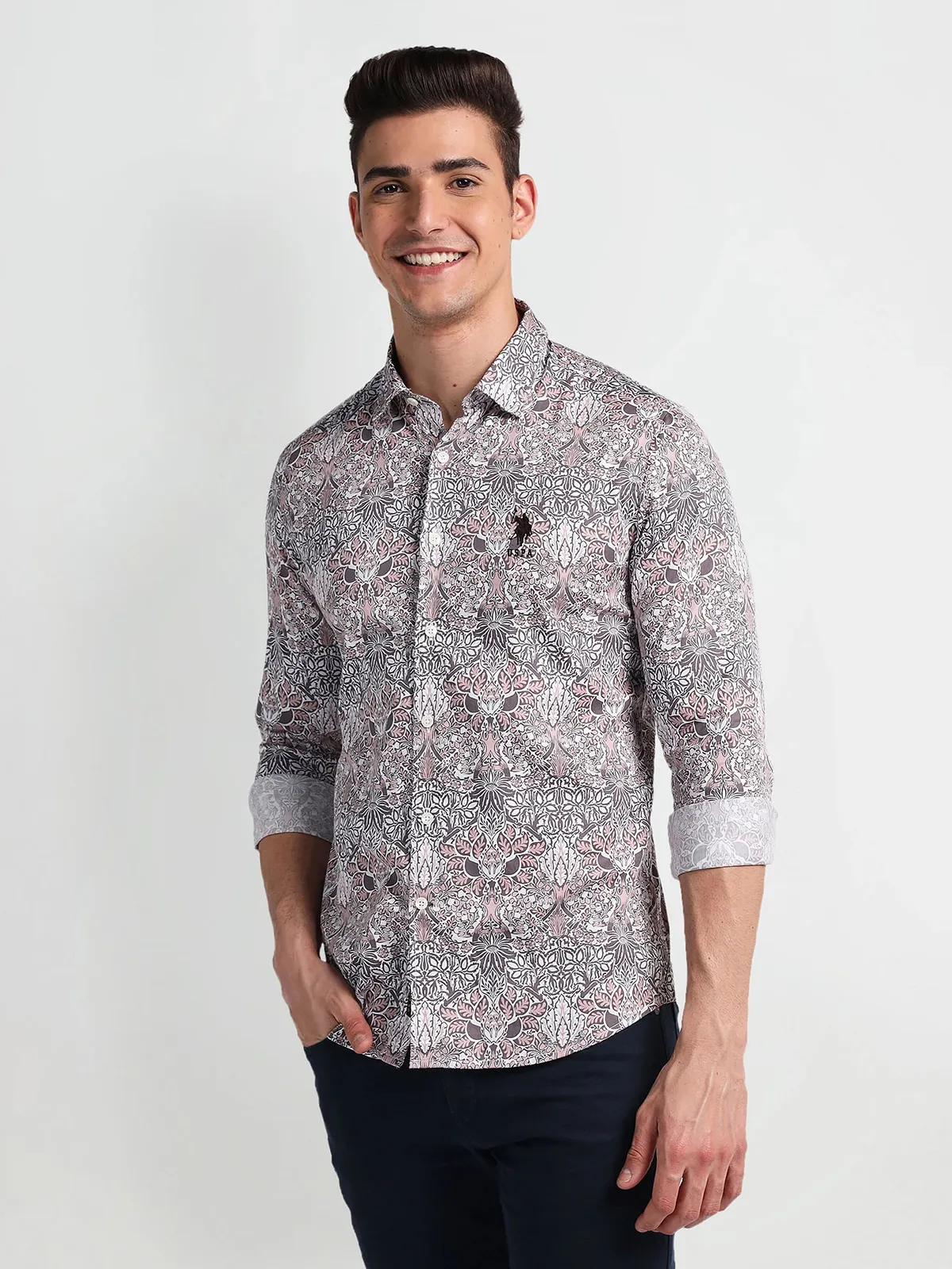 U S POLO ASSN grey printed cotton shirt