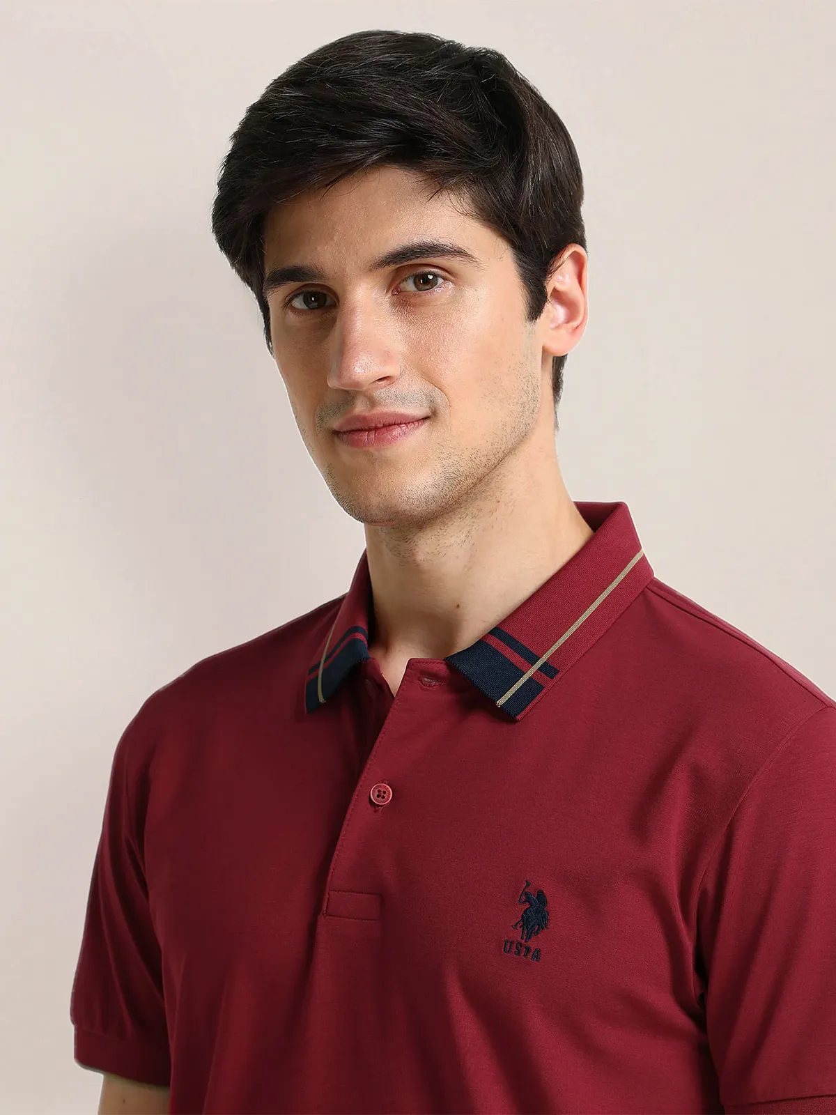 U S POLO ASSN maroon plain cotton polo t-shirt