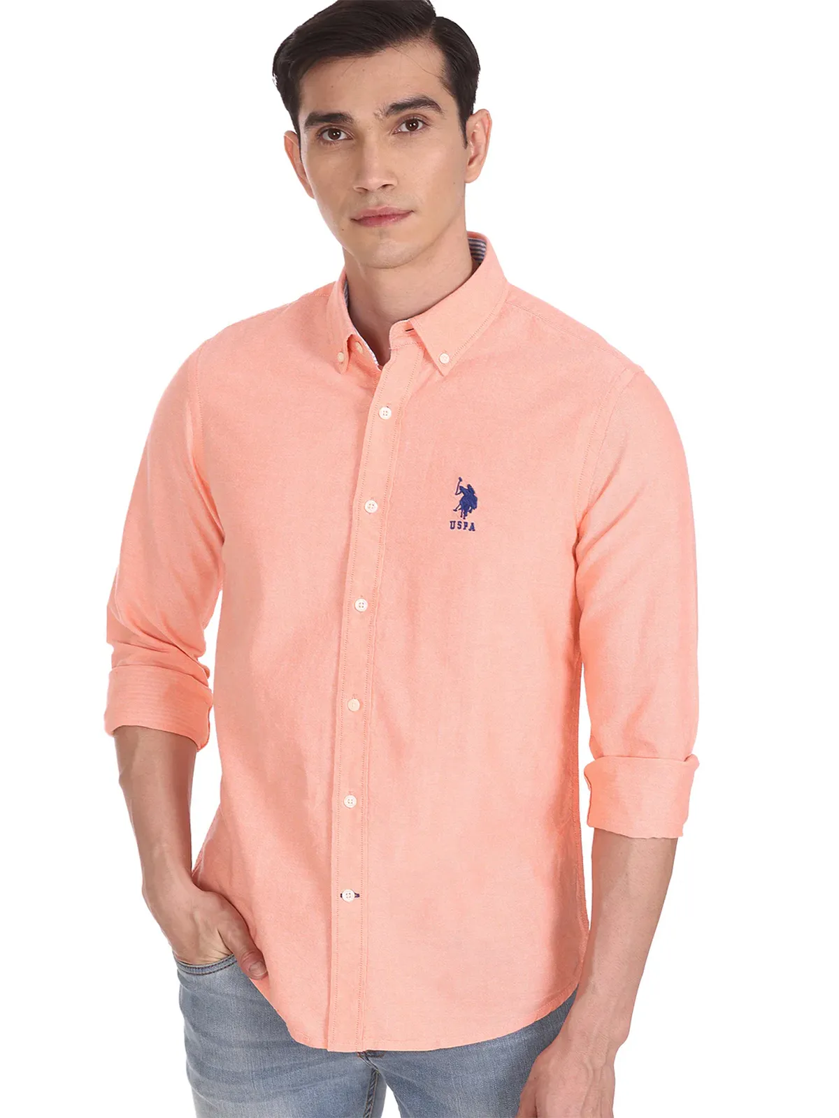 U S POLO ASSN peach cotton plain casual shirt