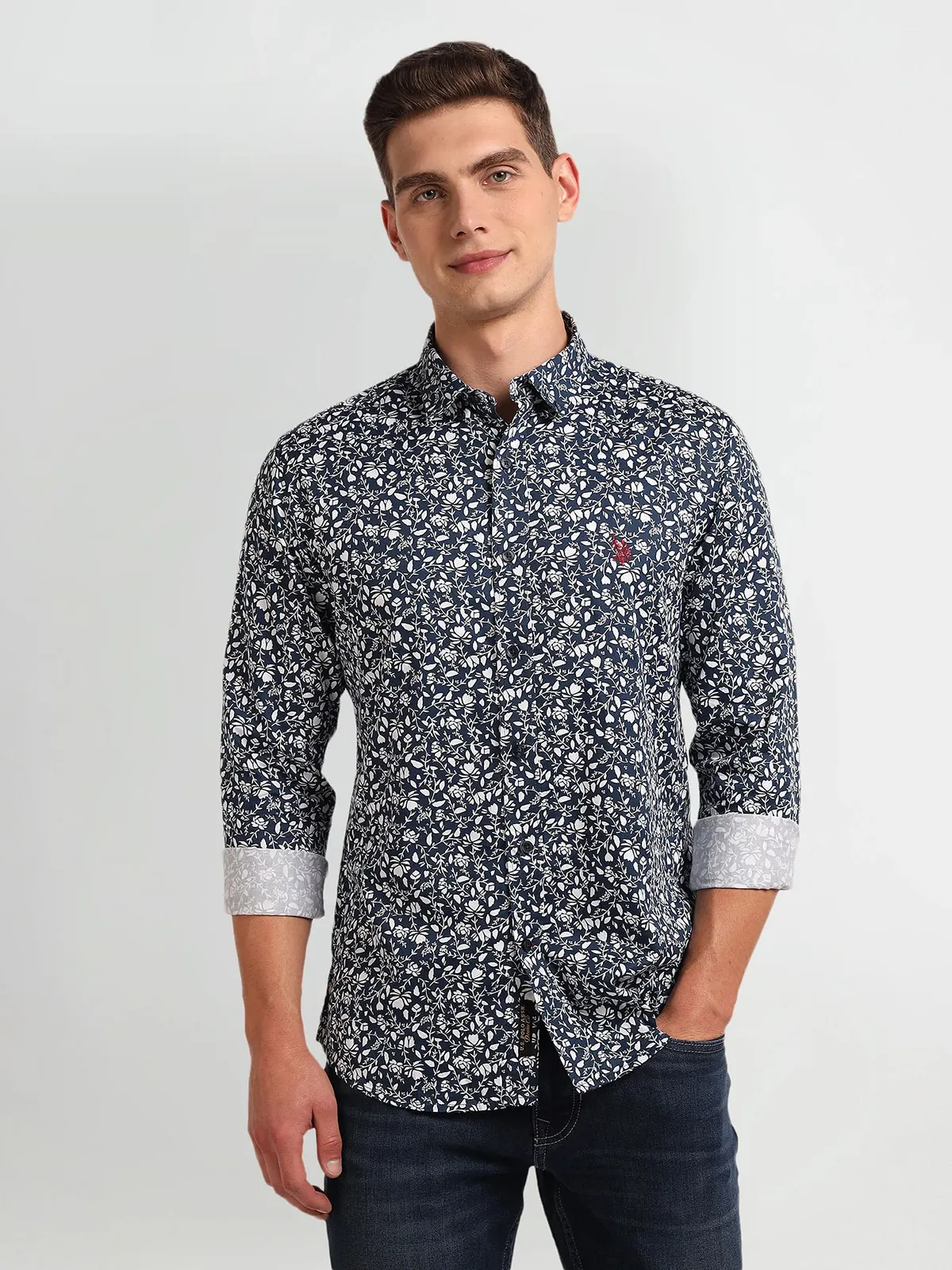 U S POLO ASSN teal blue printed cotton shirt