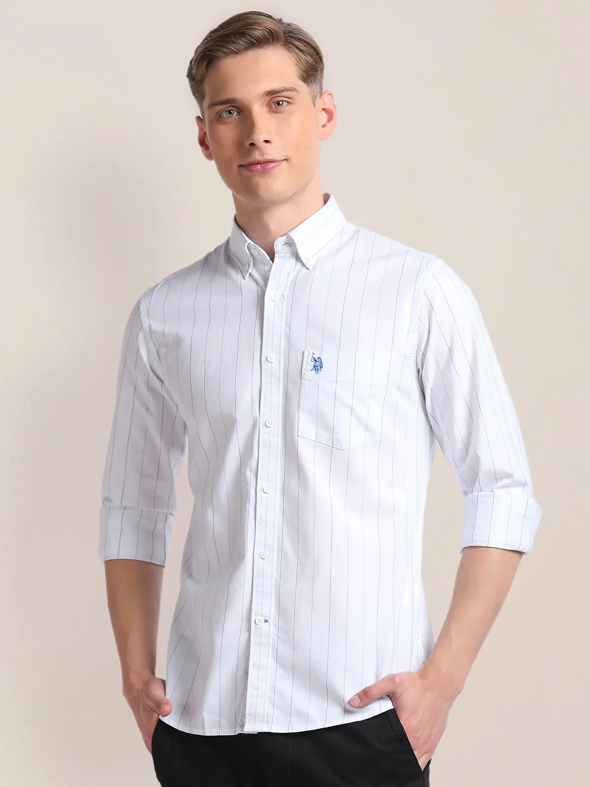 U S POLO ASSN white and blue stripe cotton shirt