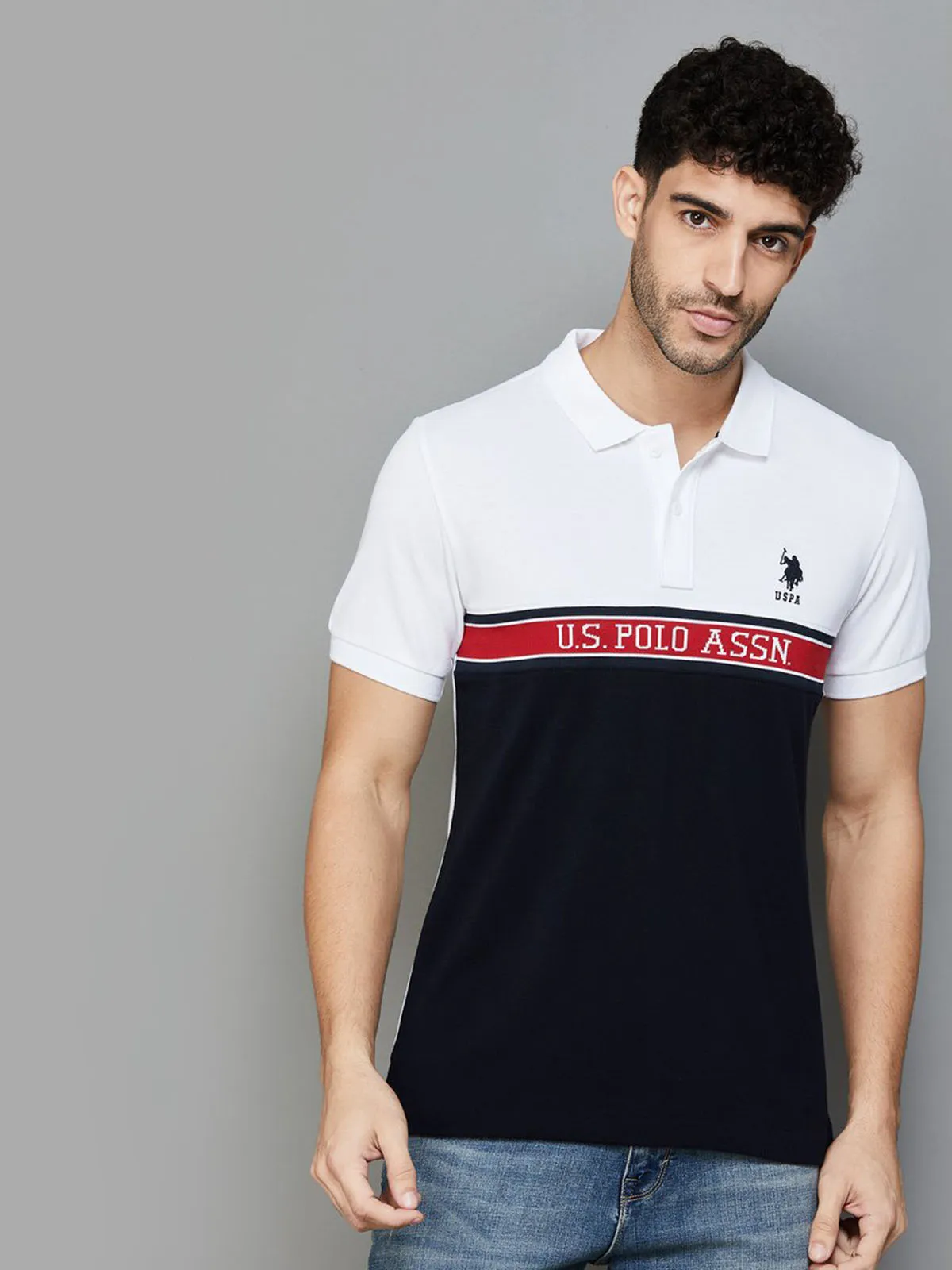 U S POLO ASSN white color block t-shirt with polo collar-G3