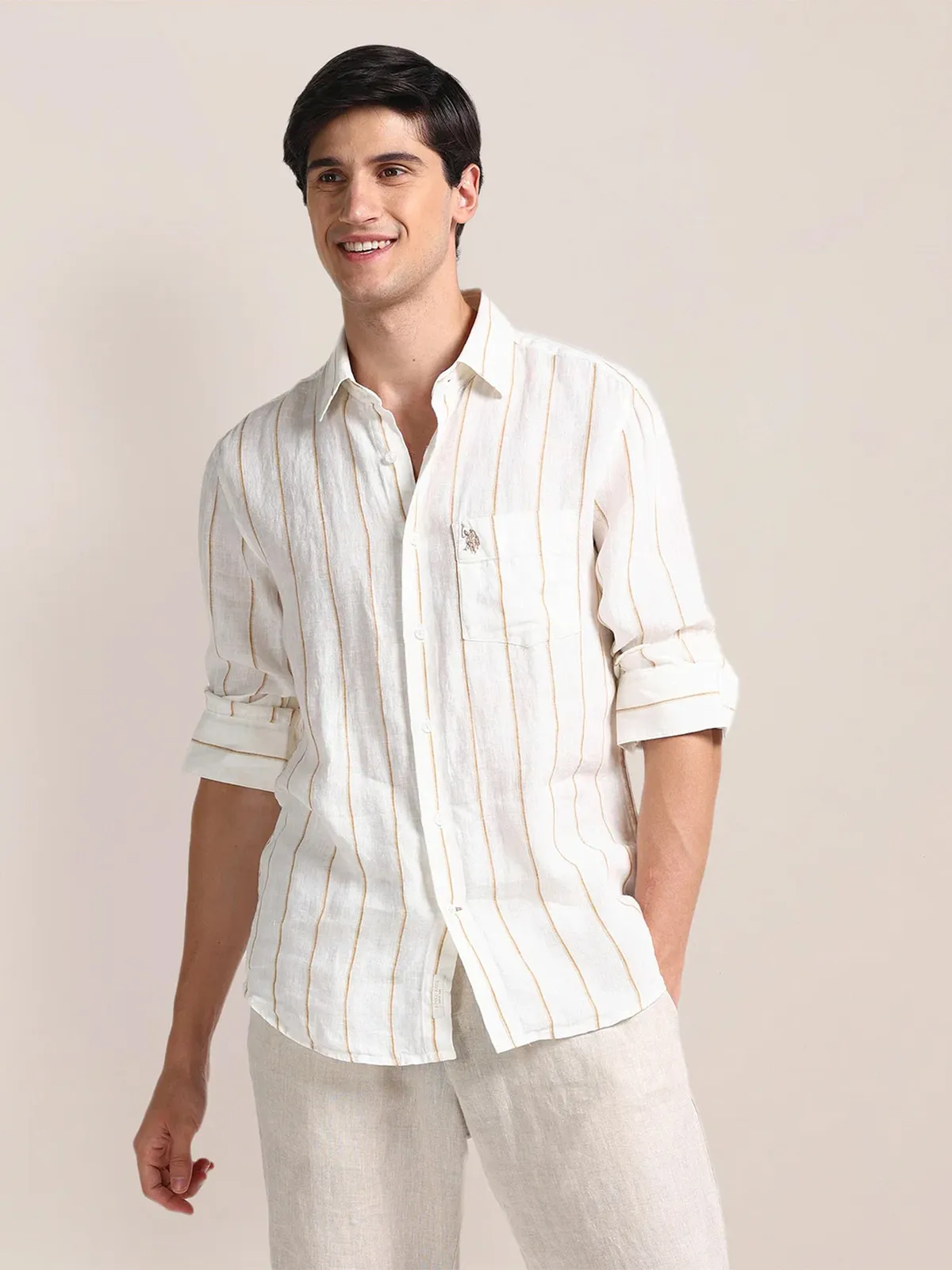 U S POLO ASSN white stripe cotton casual shirt