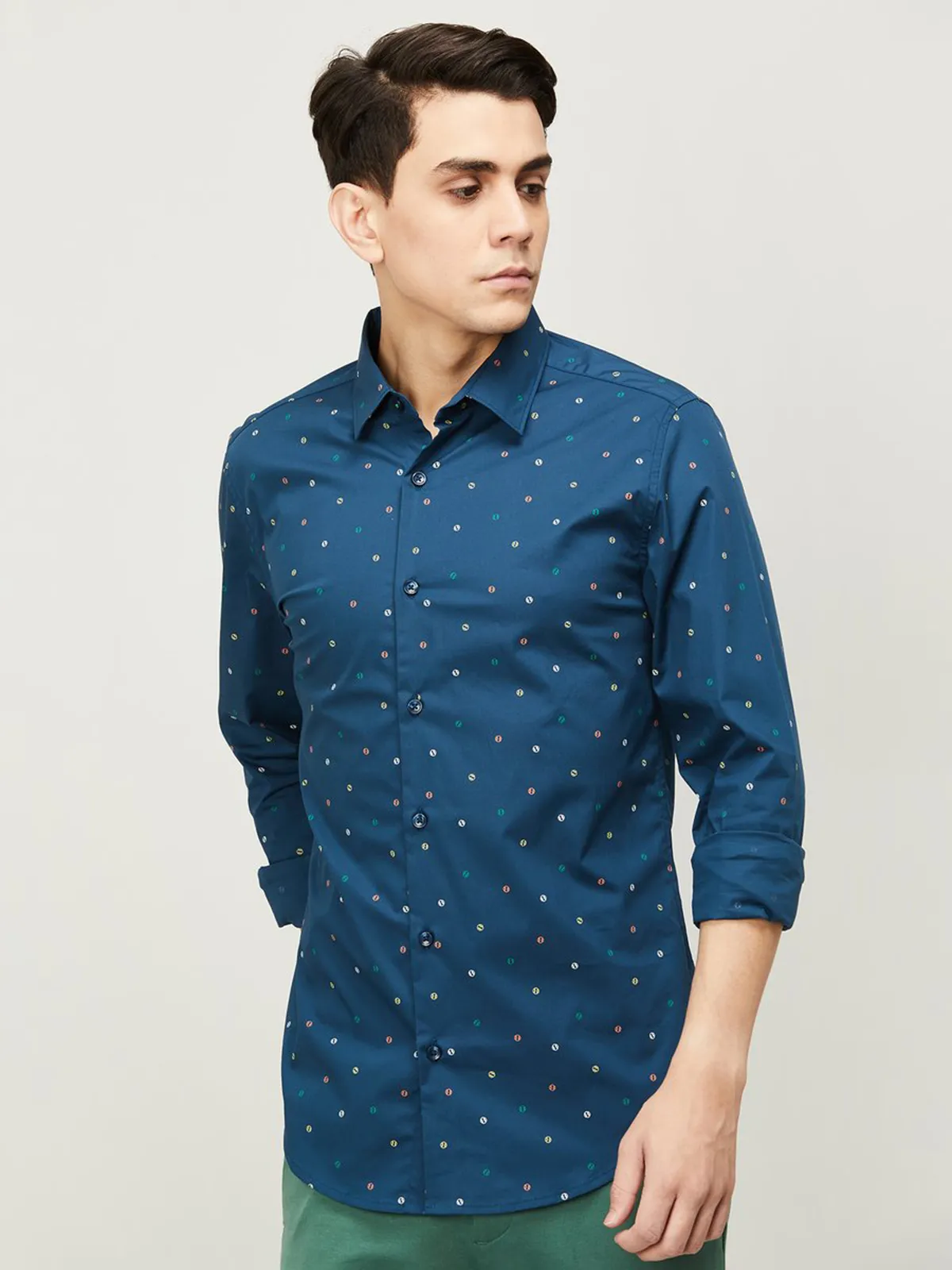 UCB cotton blue printed slim fit shirt