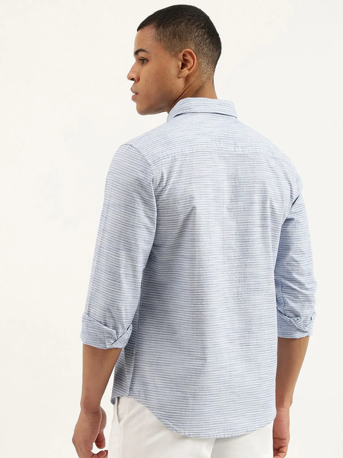 UCB stripe sky blue cotton shirt with cutaway collar