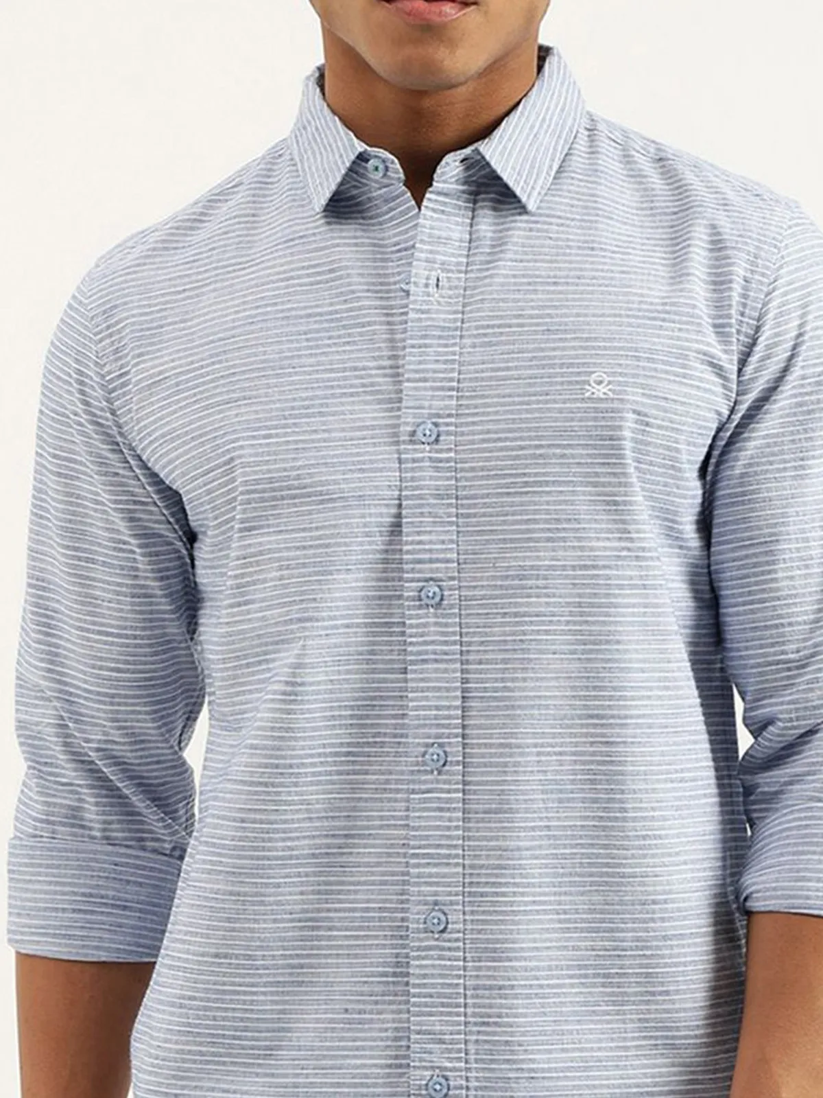 UCB stripe sky blue cotton shirt with cutaway collar