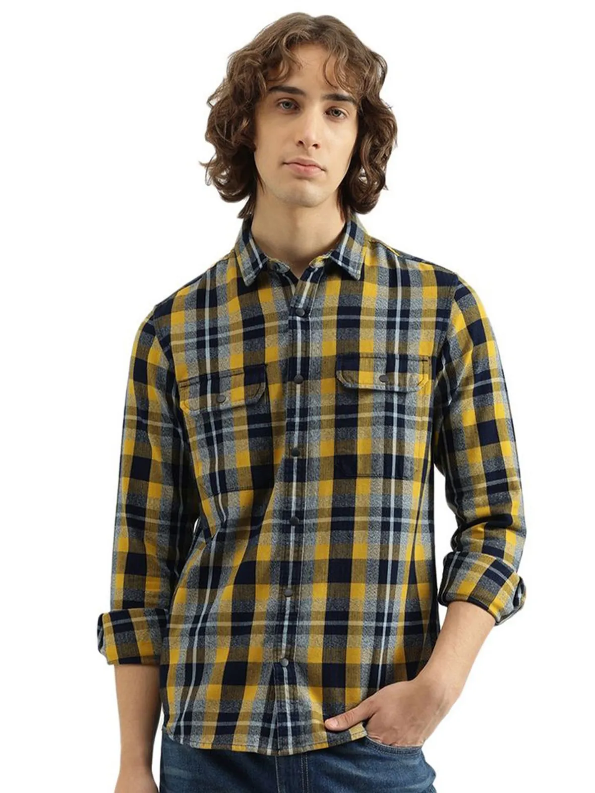 UCB yellow and blue cotton checks shirt for men