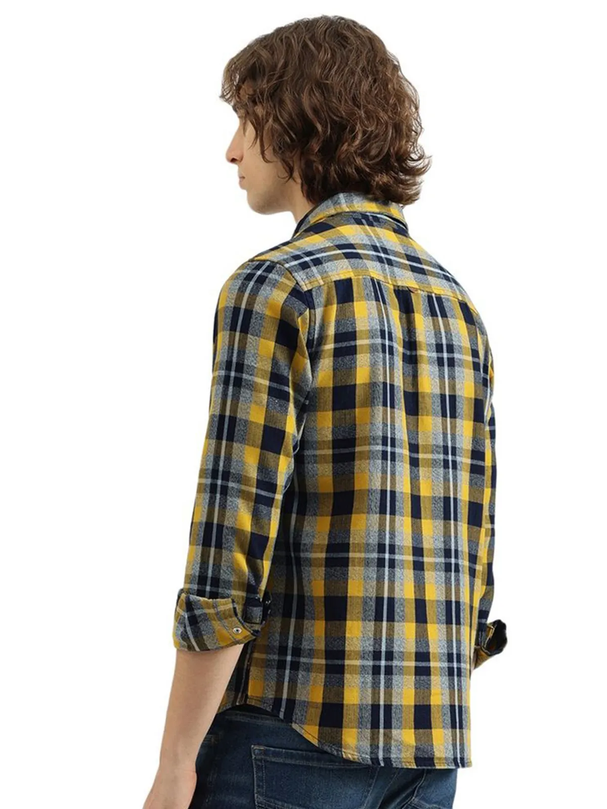 UCB yellow and blue cotton checks shirt for men