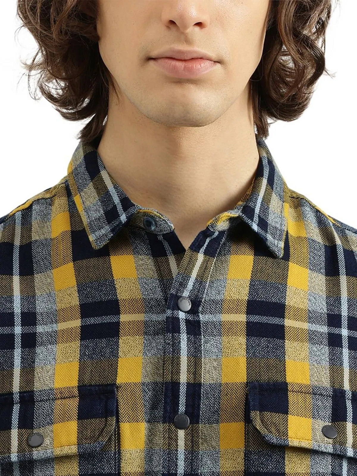 UCB yellow and blue cotton checks shirt for men
