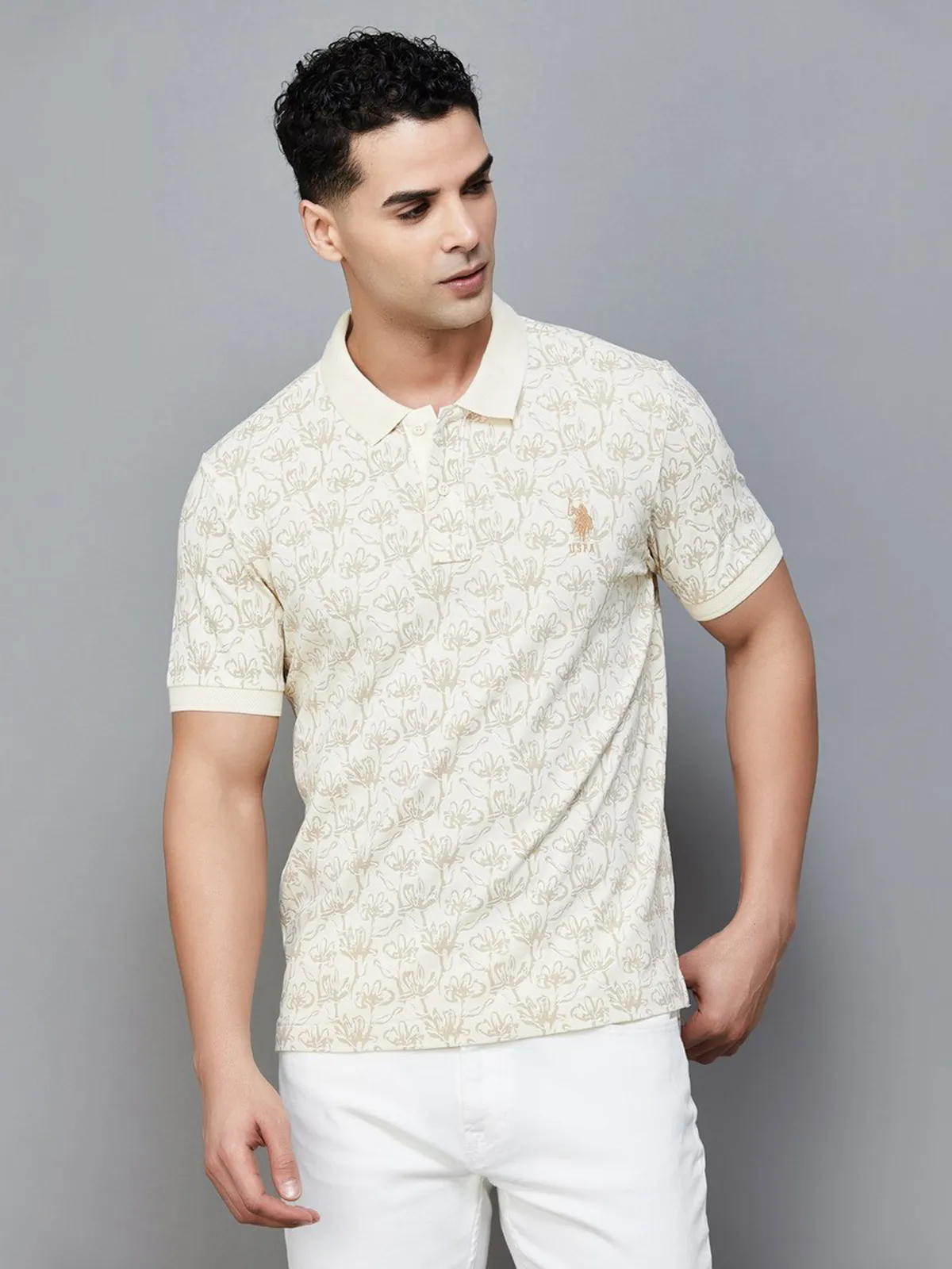 US POLO printed beige cotton slim fit t-shirt