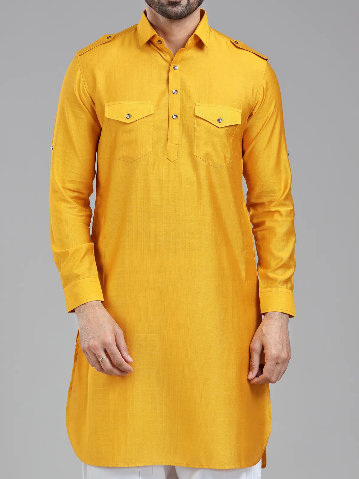 Vibrant energetic mustard yellow mens pathani kurta suit