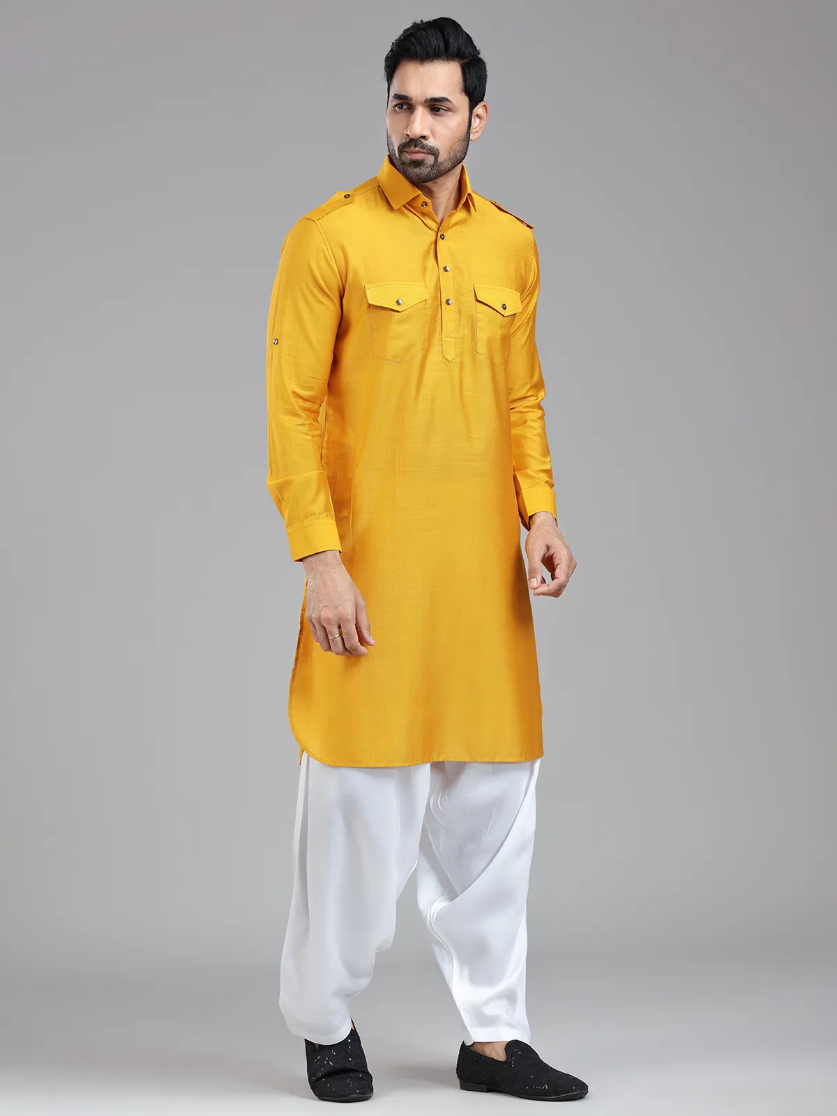 Vibrant energetic mustard yellow mens pathani kurta suit