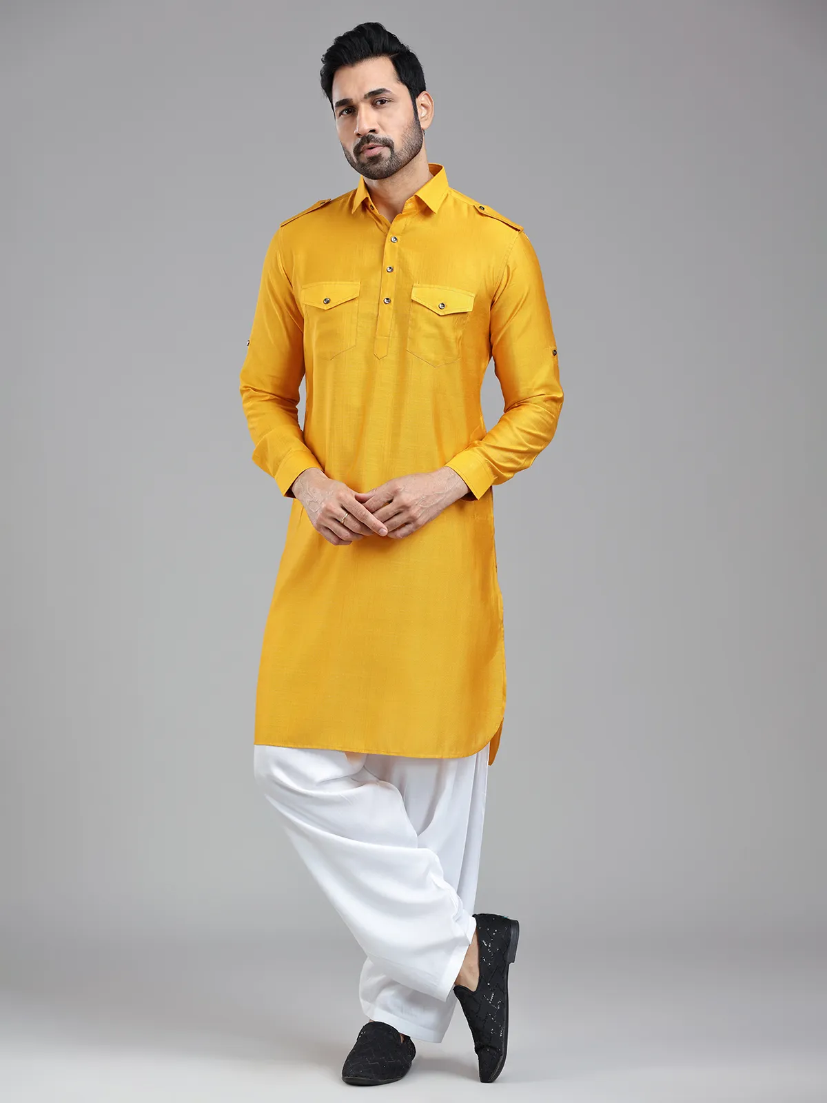 Vibrant energetic mustard yellow mens pathani kurta suit
