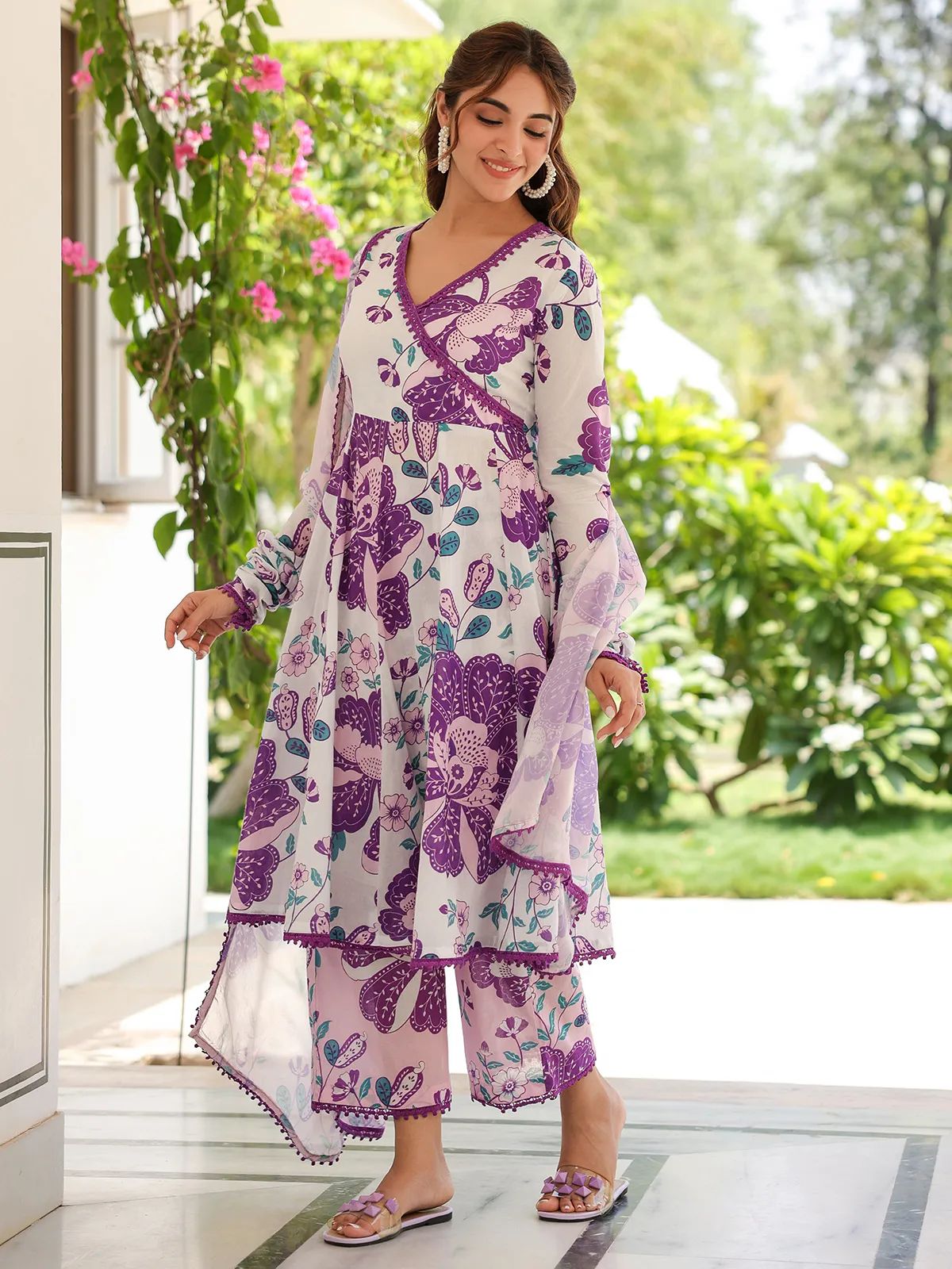 Violet and white cotton kurti set