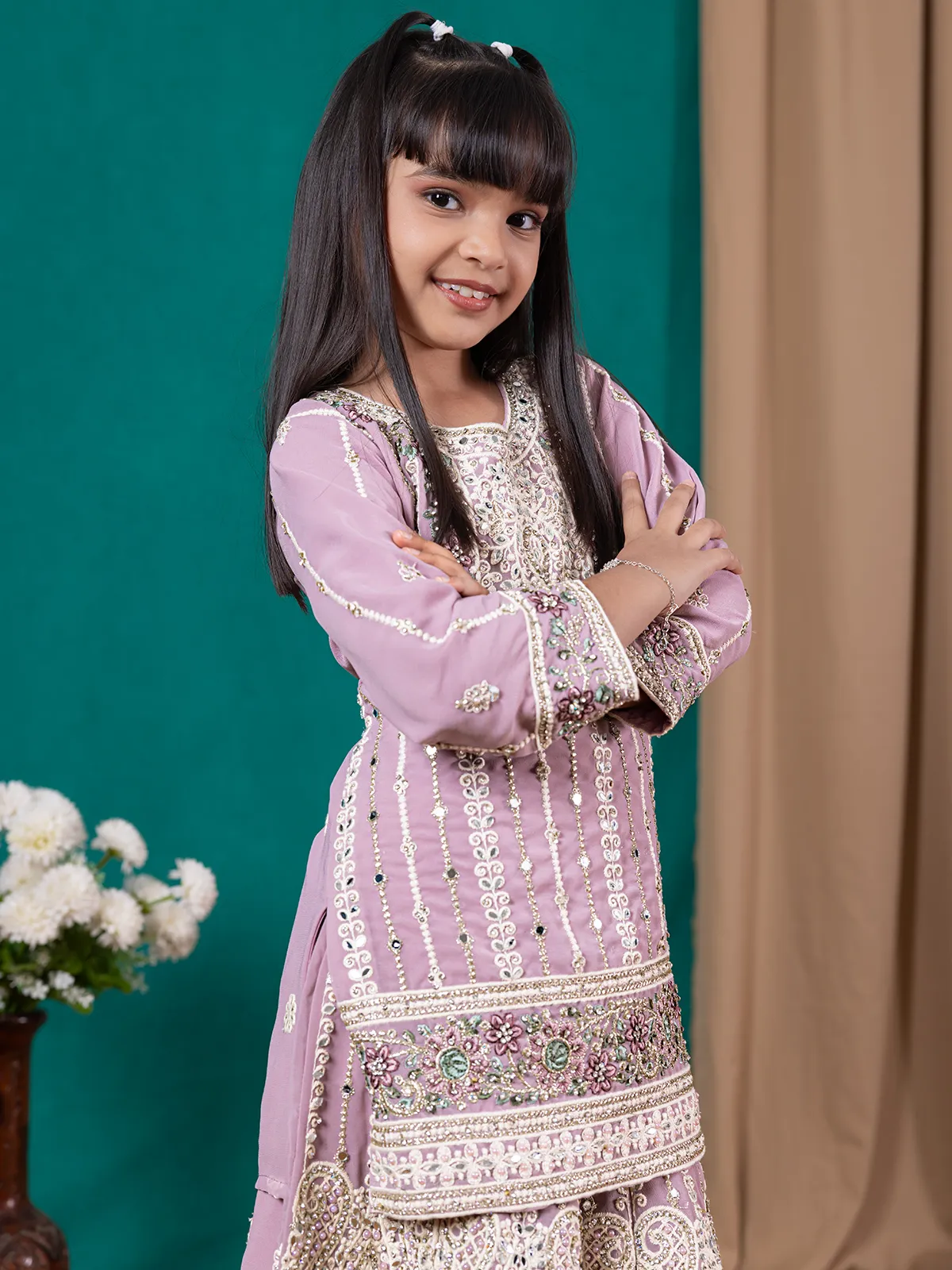 Violet stylish georgette palazzo suit for festive