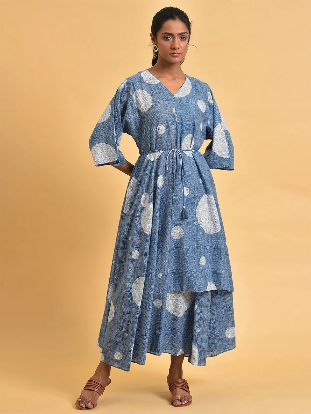 W blue cotton polka printed dress